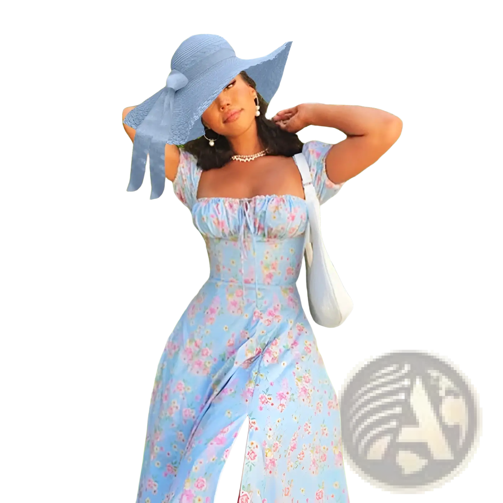 Light blue floral print midi dress with square neckline puff sleeves and side slit for elegant occasions
