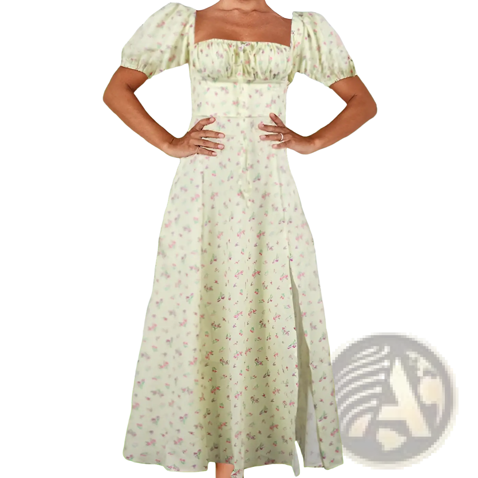A woman wears a cream floral square neck puff sleeve midi slit dress with pink and green patterns and short puffed sleeves