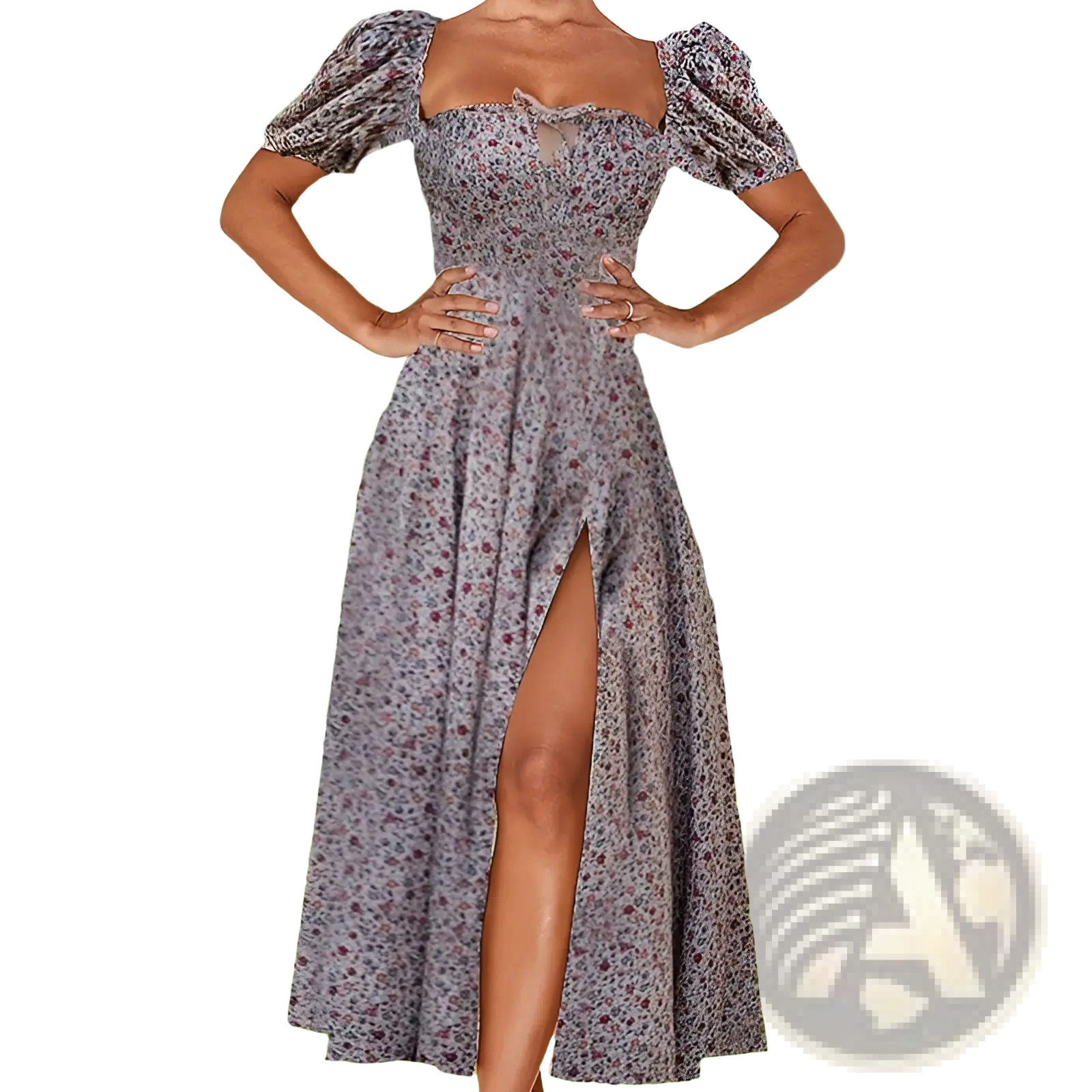 A woman wears a lavender floral midi dress with puff sleeve and square neckline featuring a slit design