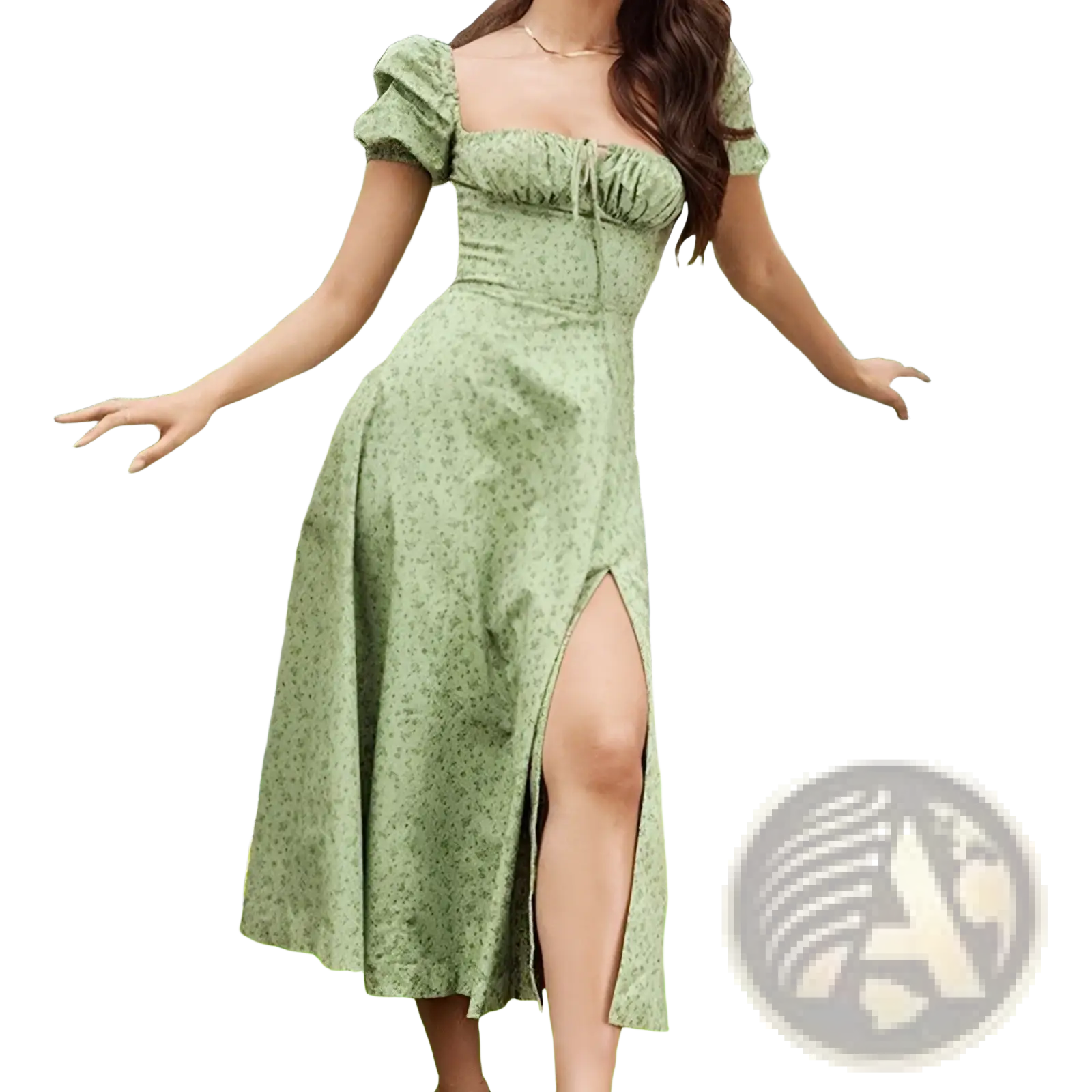 Floral square neck puff sleeve midi dress in sage green with subtle floral pattern and high slit for elegant wear