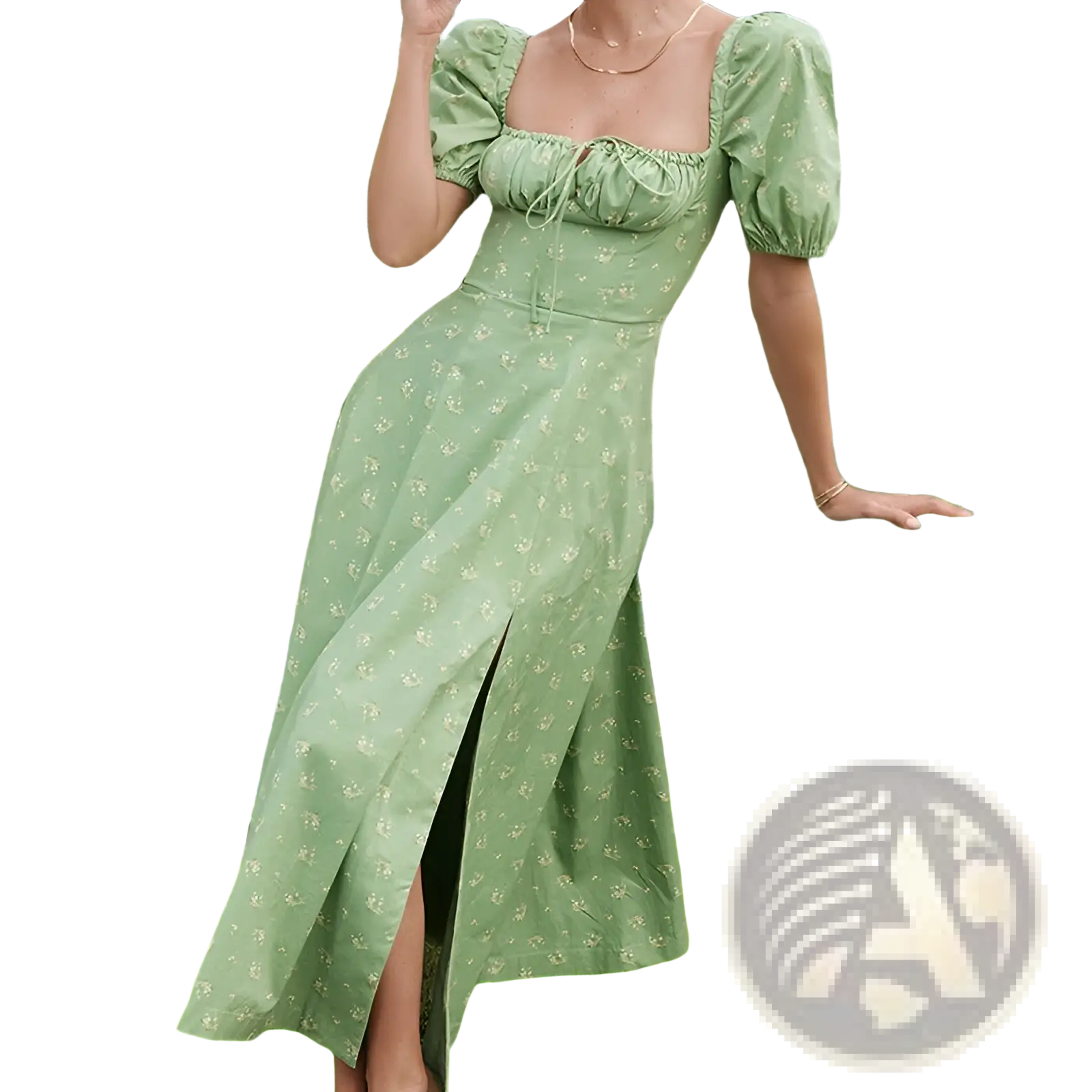 A soft sage green floral square neck puff sleeve midi slit dress with delicate embroidery and puffed sleeves