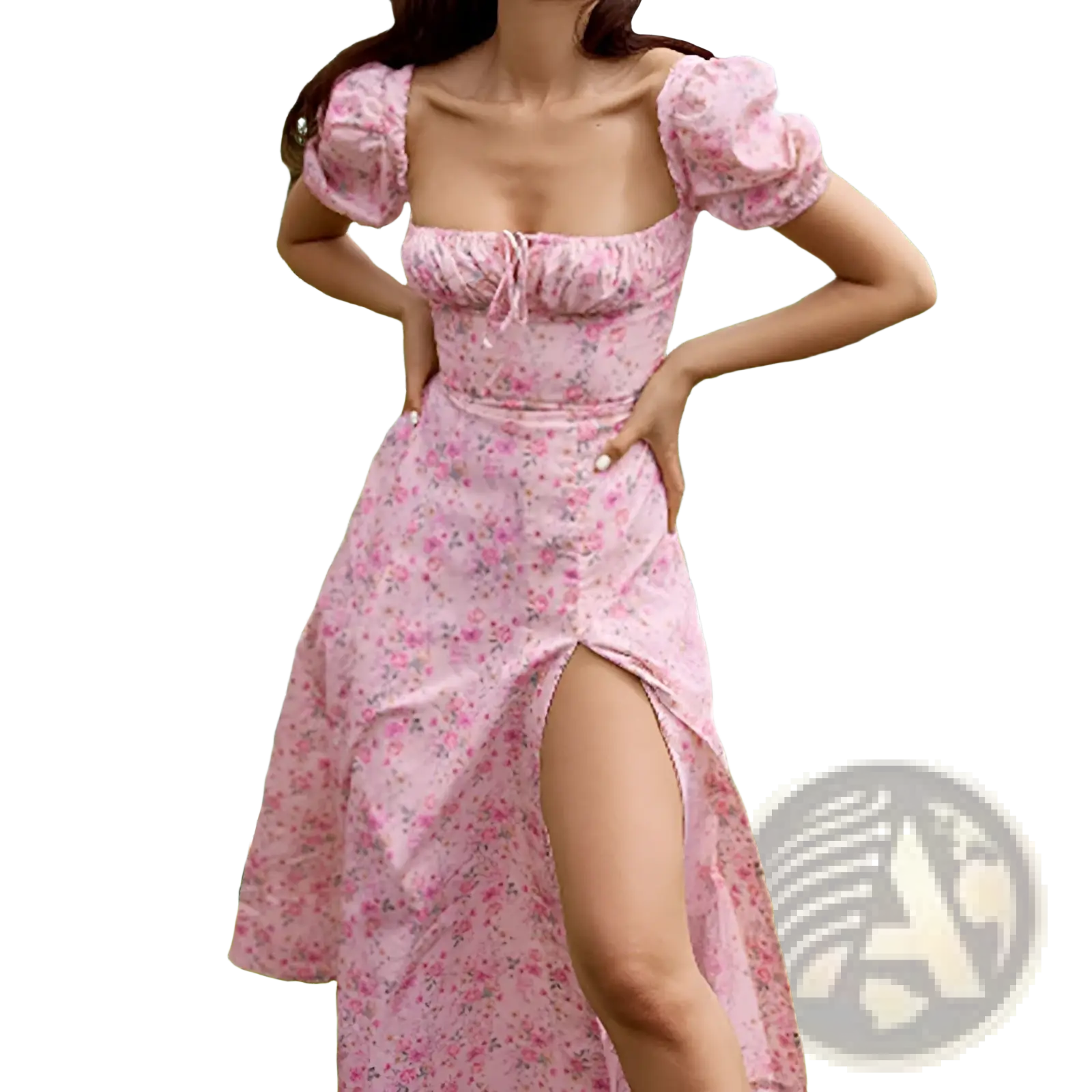 A pink floral print midi dress with puffed short sleeves and a square neckline featuring a slit
