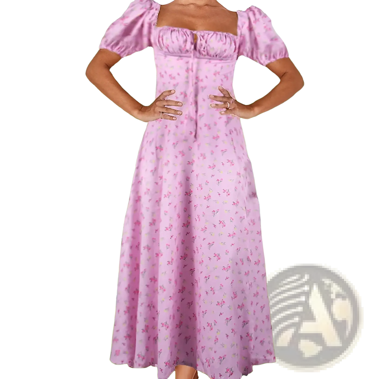 A soft pink floral midi dress with puffed sleeves square neckline and slit detail in lightweight fabric