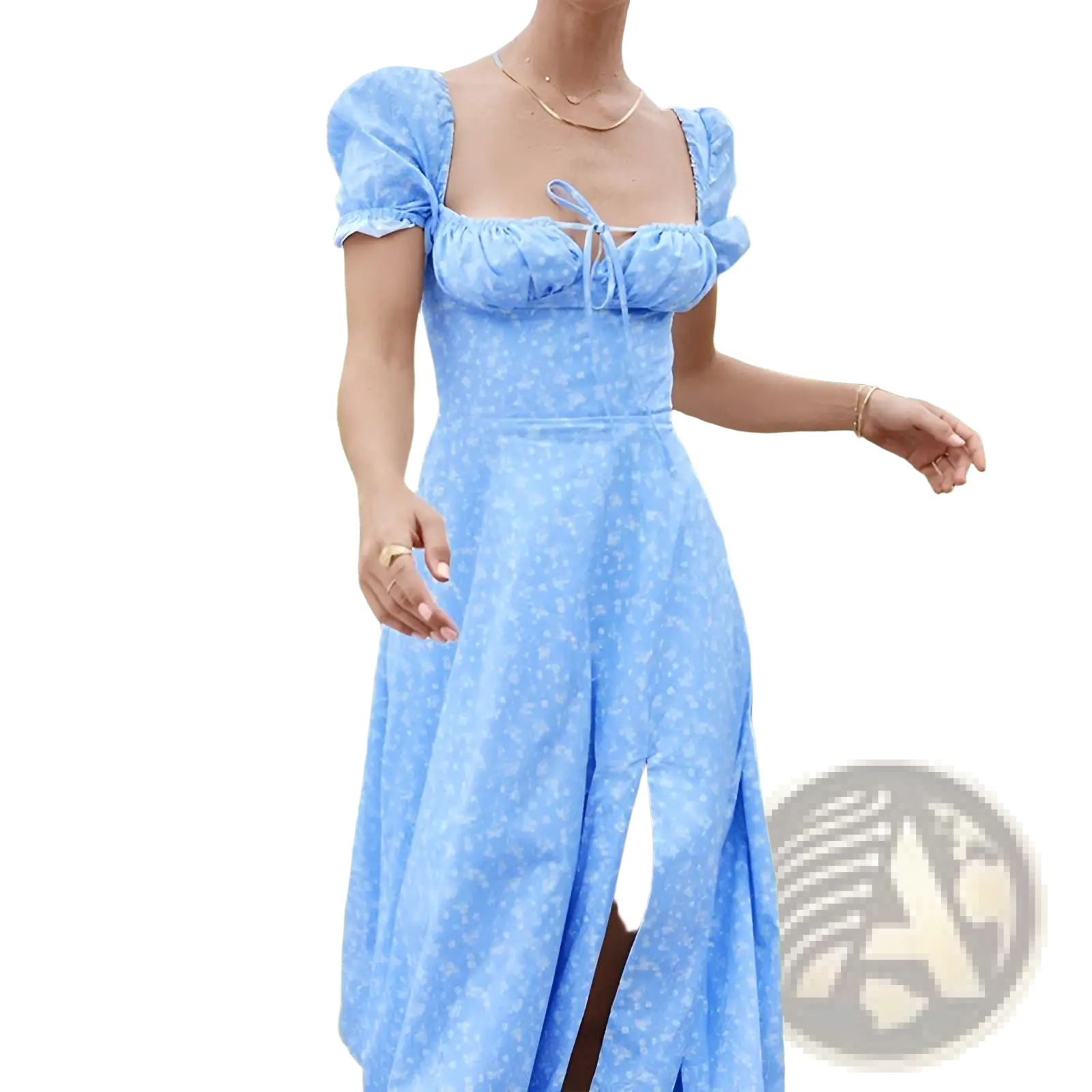 A light blue floral print midi dress with puffed short sleeves, square neckline, and a slit detail