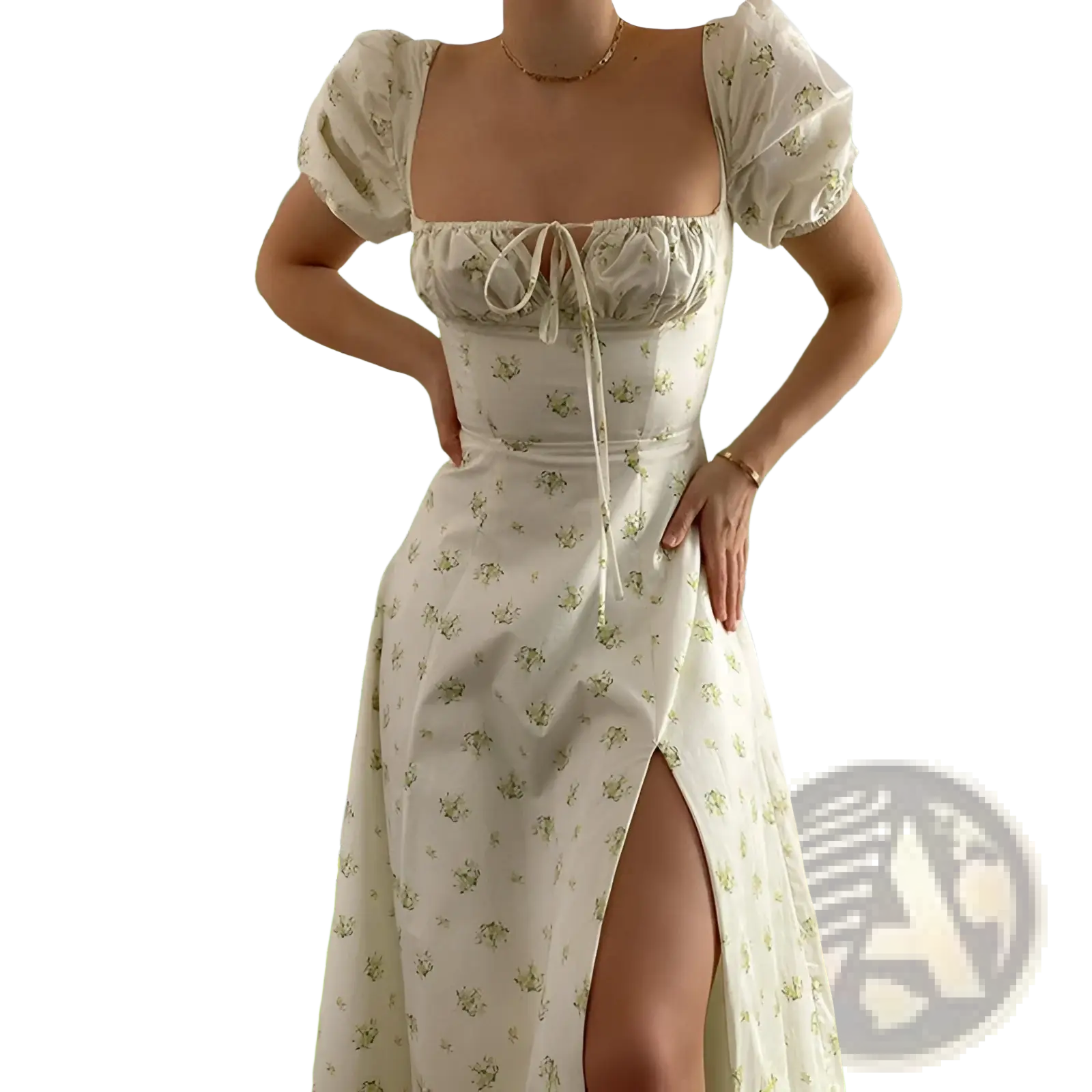 A cream-colored floral midi dress with puff sleeves and a square neckline tied at the front