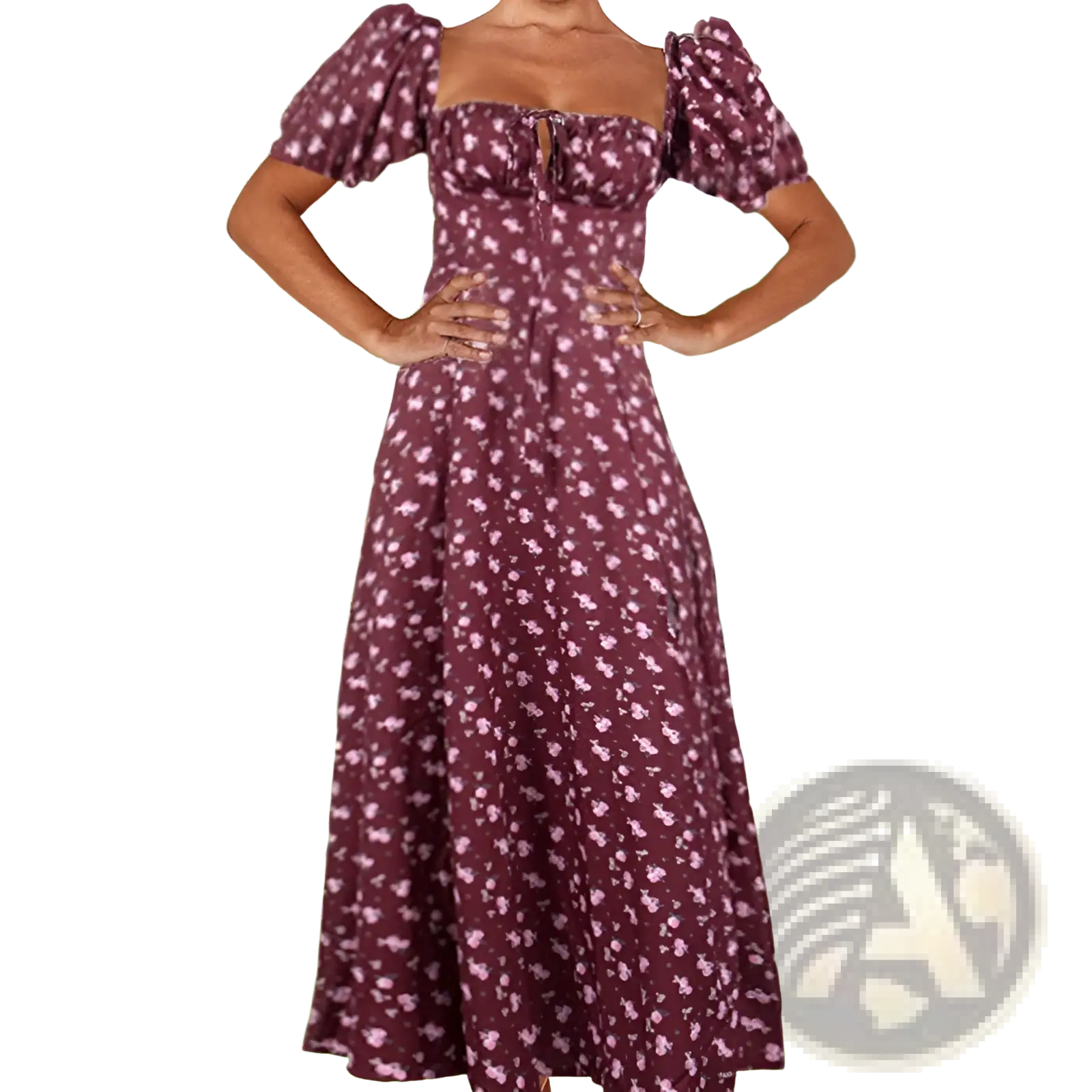A maroon floral midi dress with puffed short sleeves a square neckline and a slit for elegant occasions