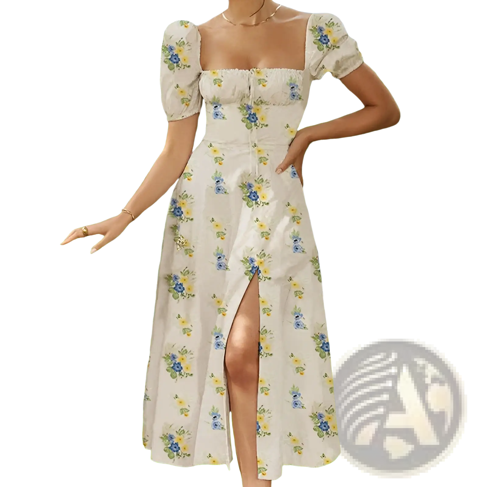 A cream-colored floral midi dress with puff sleeves, square neckline, and slit for elegant casual wear