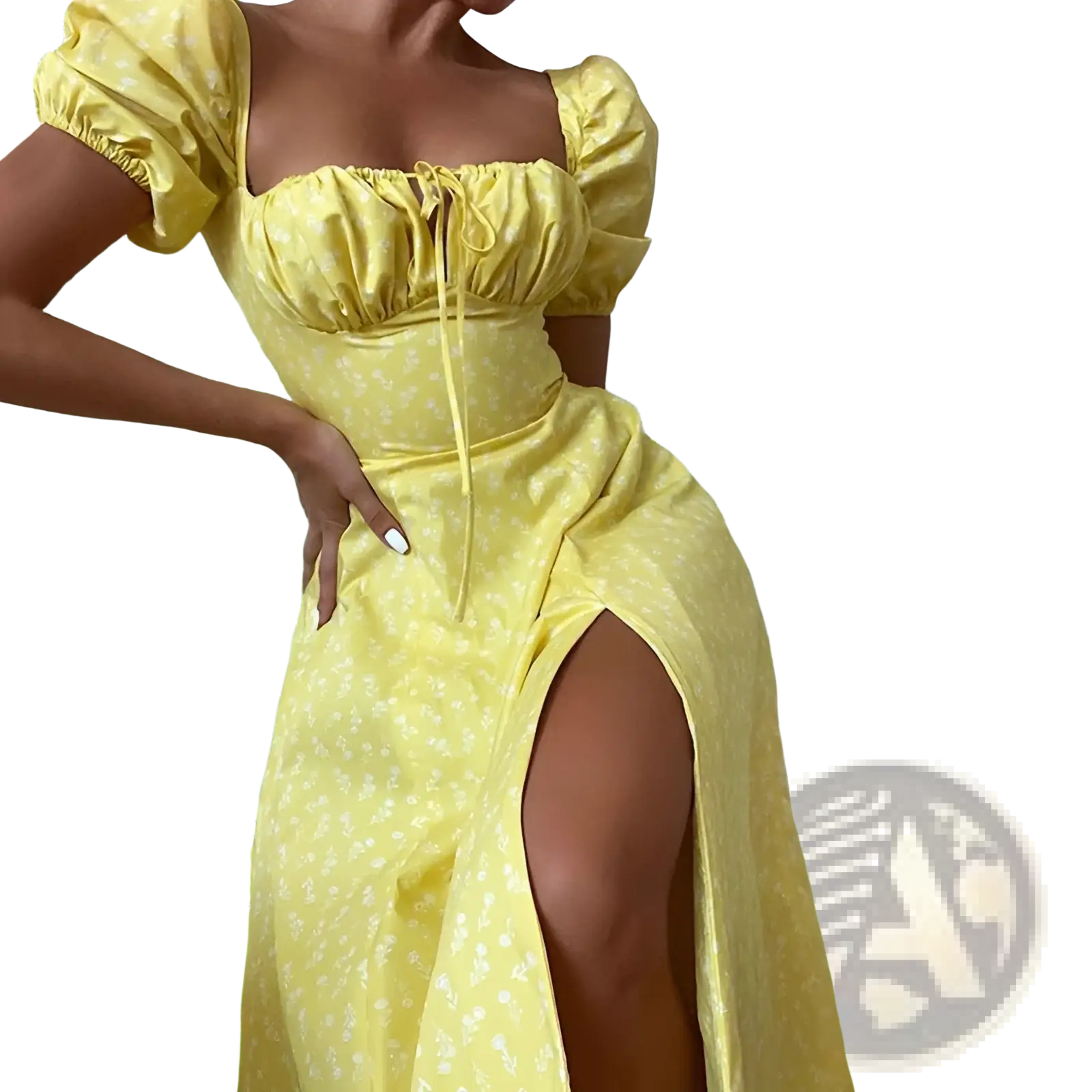 A vibrant yellow floral square neck puff sleeve midi slit dress with delicate white pattern and short puffed sleeves