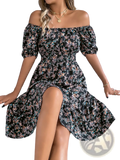 Black off-the-shoulder floral summer dress with puffed sleeves and high slit in lightweight fabric