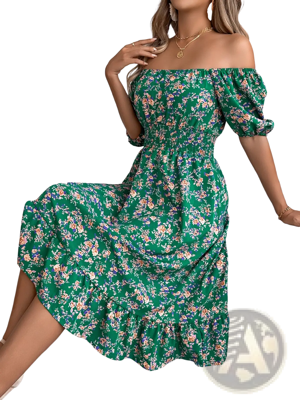 A vibrant green floral square neck puff sleeve ruffle summer dress with pink purple and orange patterns