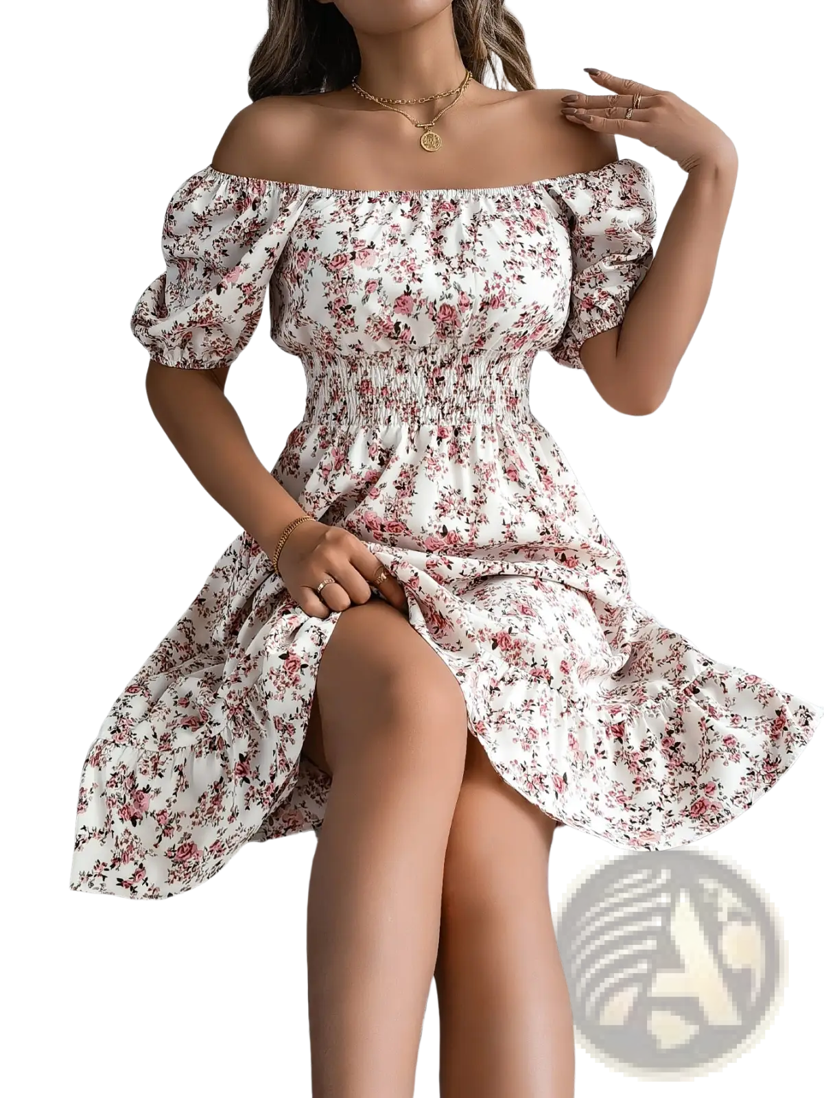A woman wears a white floral square neck puff sleeve ruffle summer dress with pink patterns and off-the-shoulder design