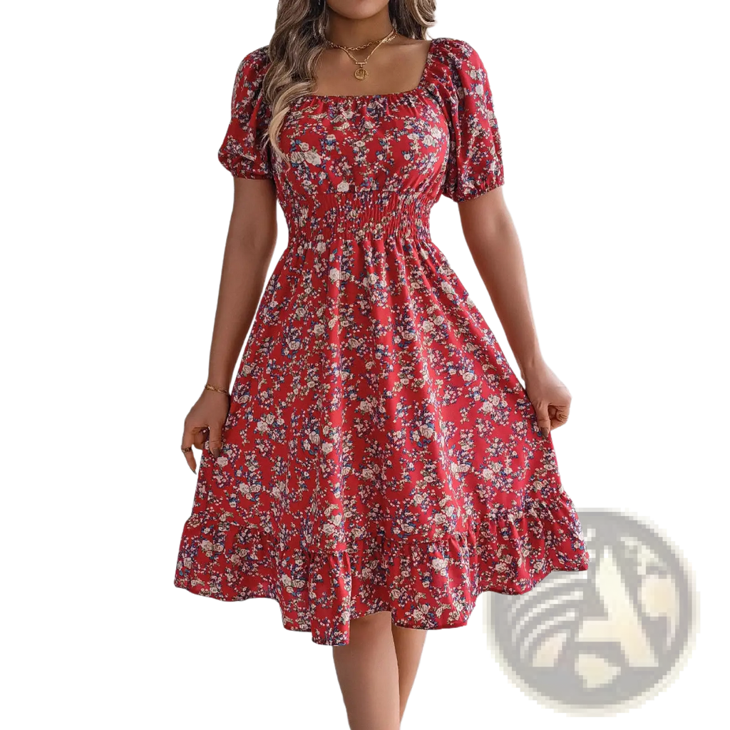 A red floral print summer dress with puff sleeves and a square neckline featuring ruffle details