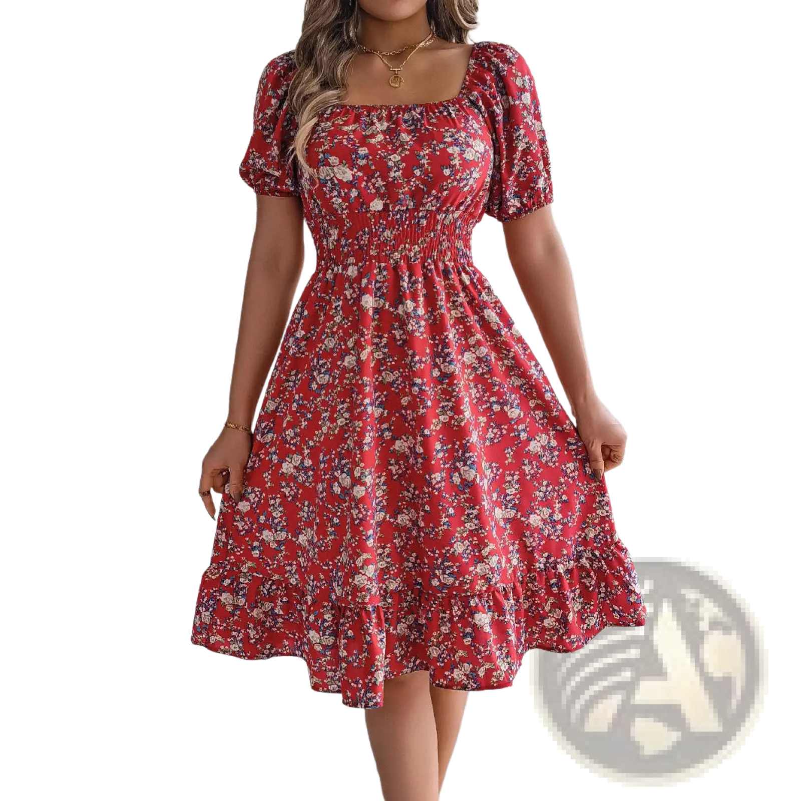 A red floral print summer dress with puff sleeves and a square neckline featuring ruffle details
