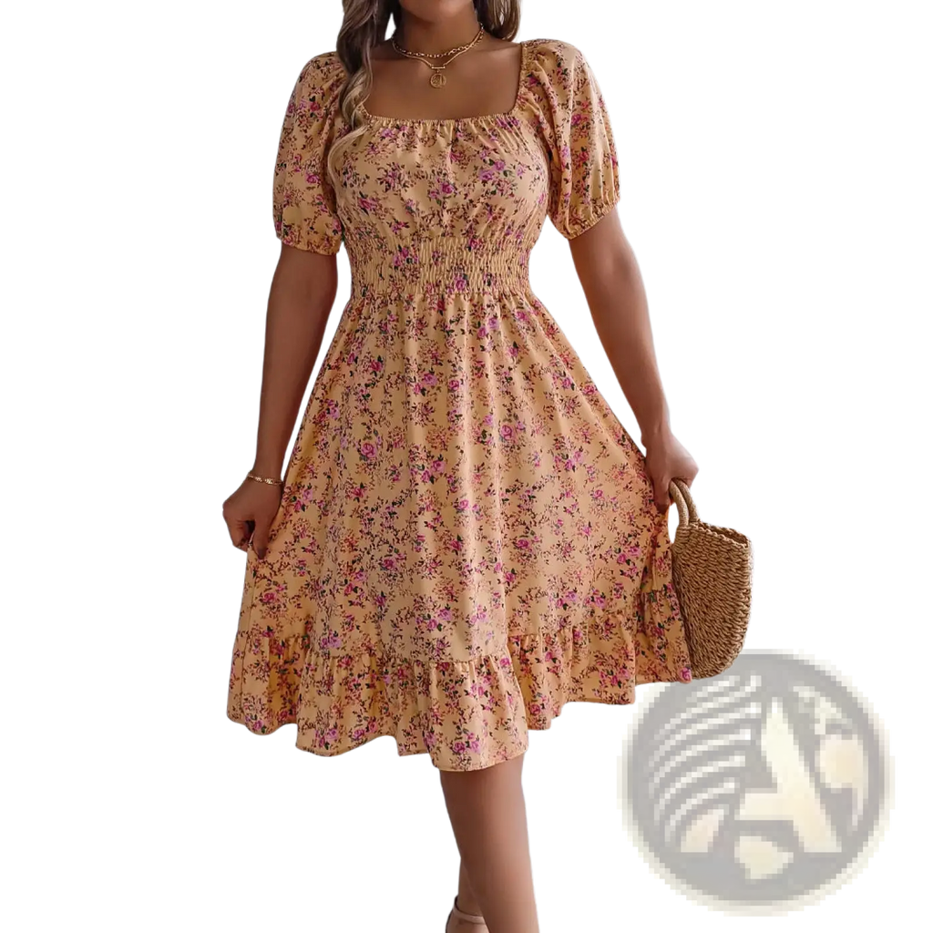 A soft peach-colored floral print summer dress with puffed short sleeves and a square neckline
