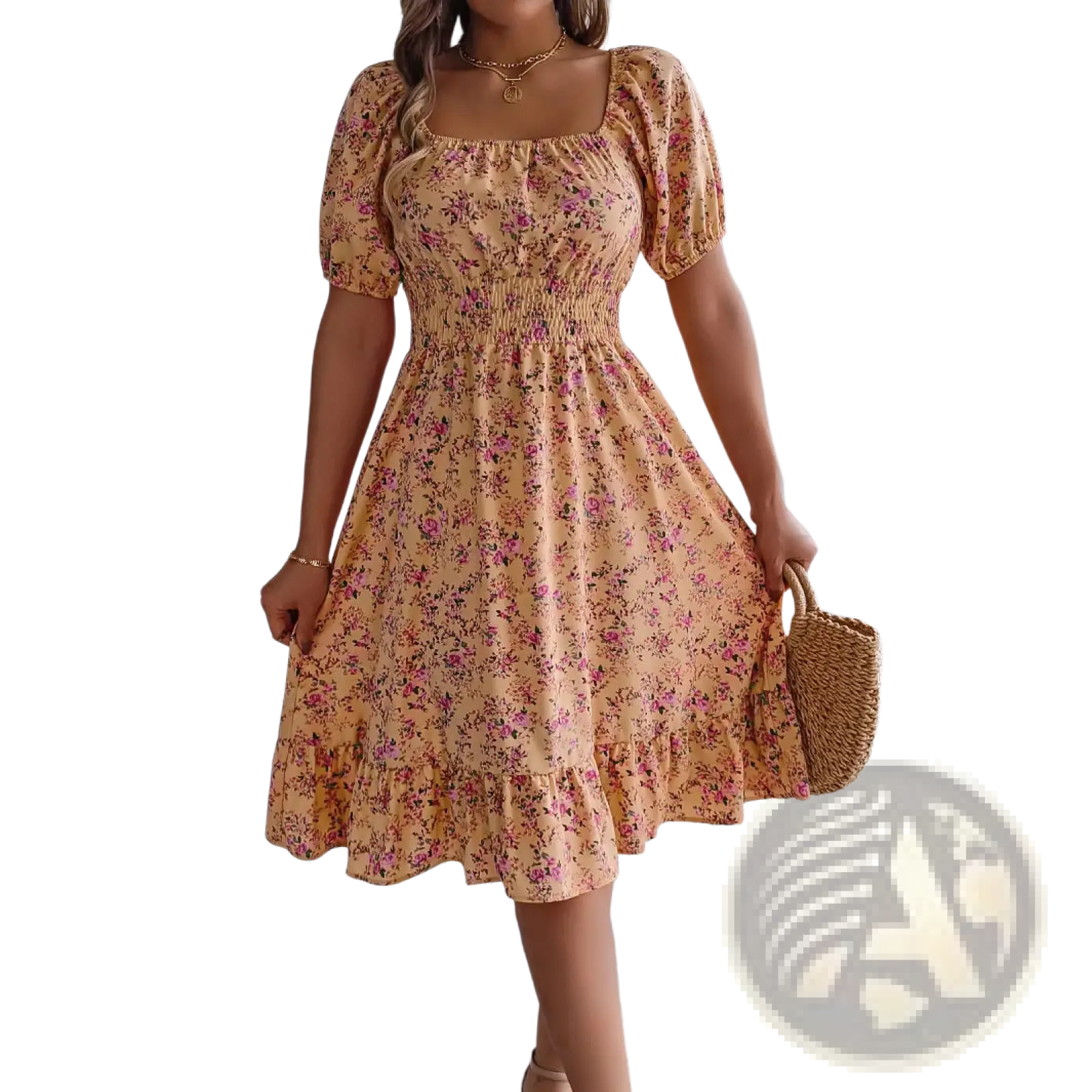 A soft peach-colored floral print summer dress with puffed short sleeves and a square neckline