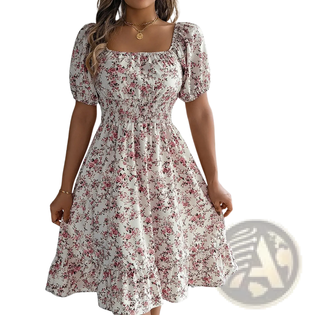 A woman wearing an off-white floral print summer dress with puffed short sleeves and a square neckline