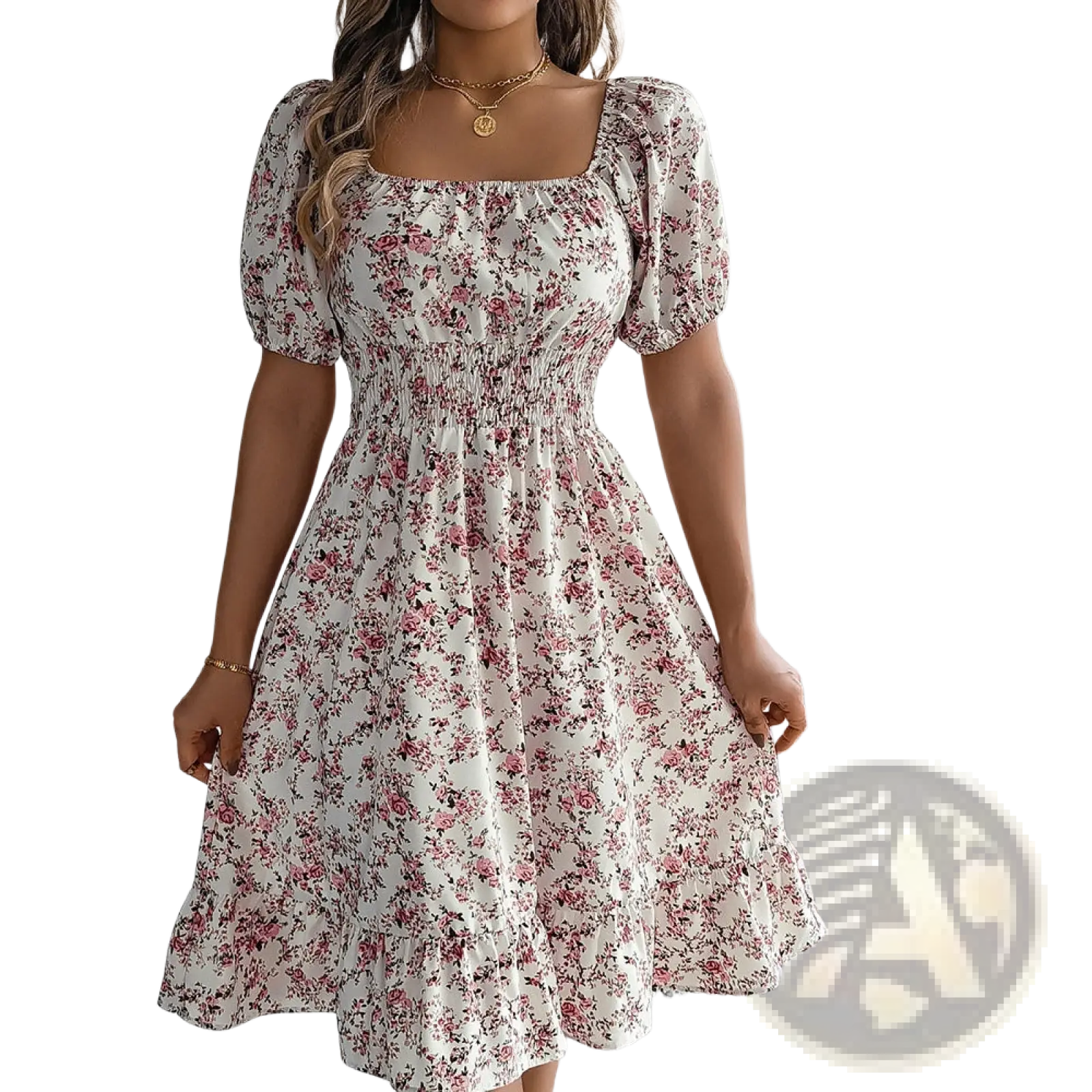 A woman wearing an off-white floral print summer dress with puffed short sleeves and a square neckline
