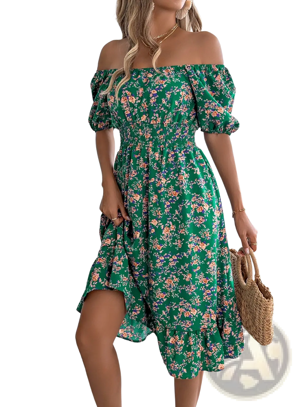 A vibrant green floral square neck summer dress with puff sleeves and ruffled hem for casual wear