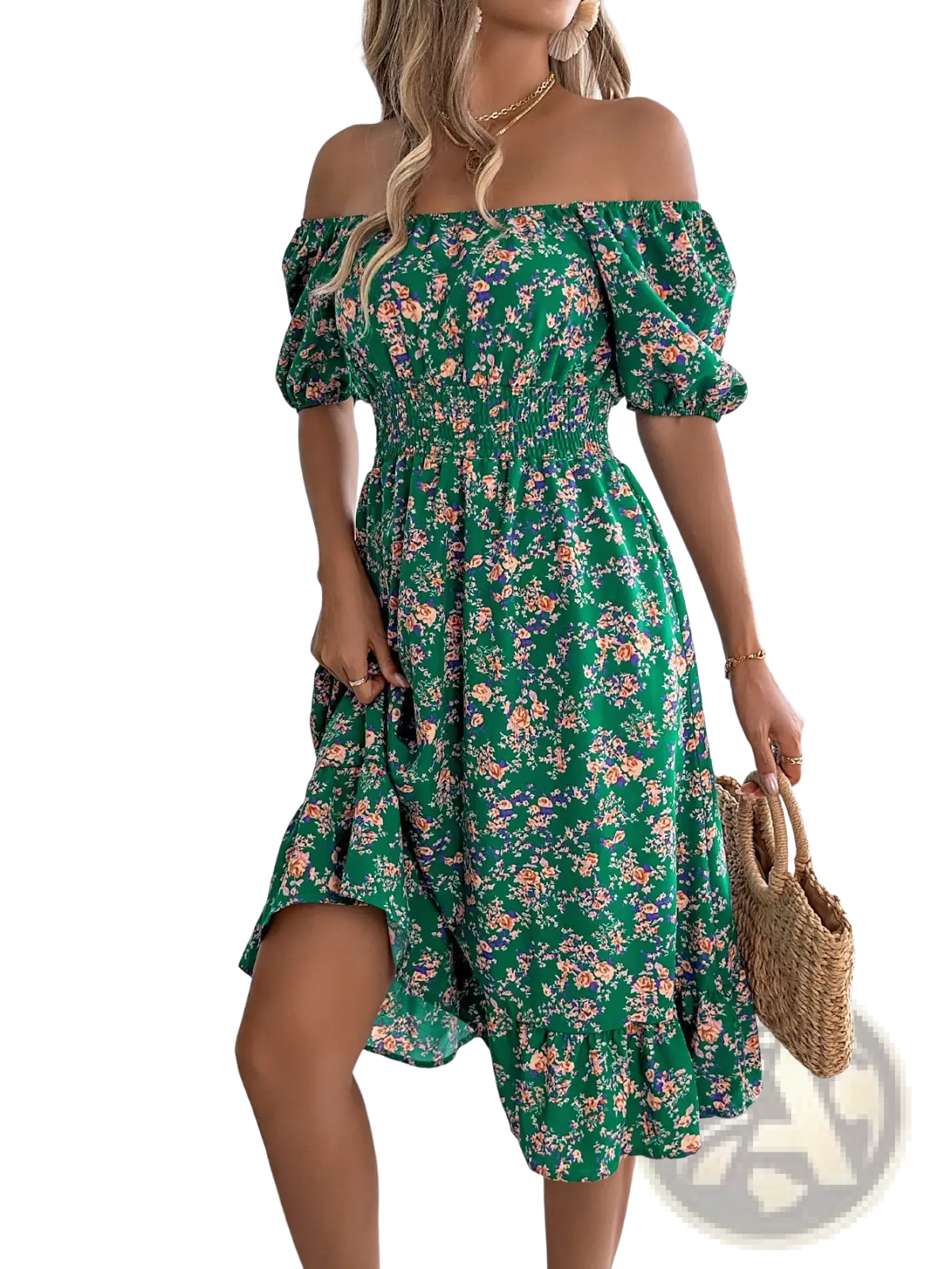 A vibrant green floral square neck summer dress with puff sleeves and ruffled hem for casual wear