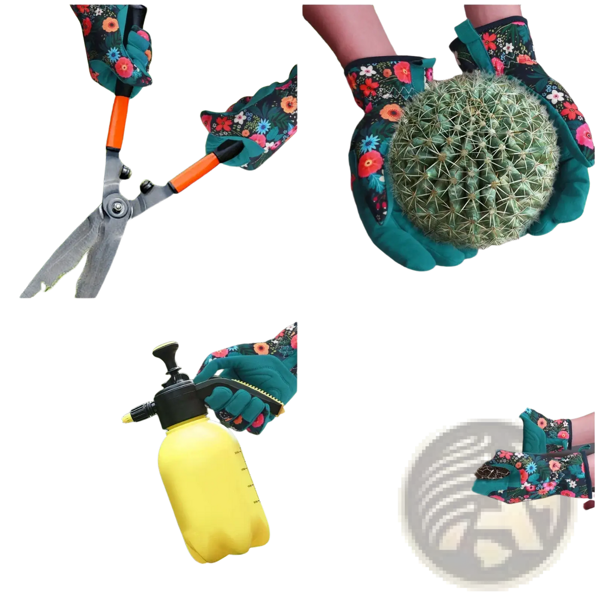 Floral thorn-proof women’s gardening gloves with teal fabric and colorful floral pattern designed for garden use
