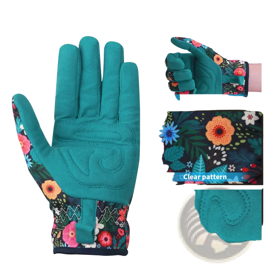 Teal floral thorn-proof women’s gardening glove with flexible bending design shown from the back side