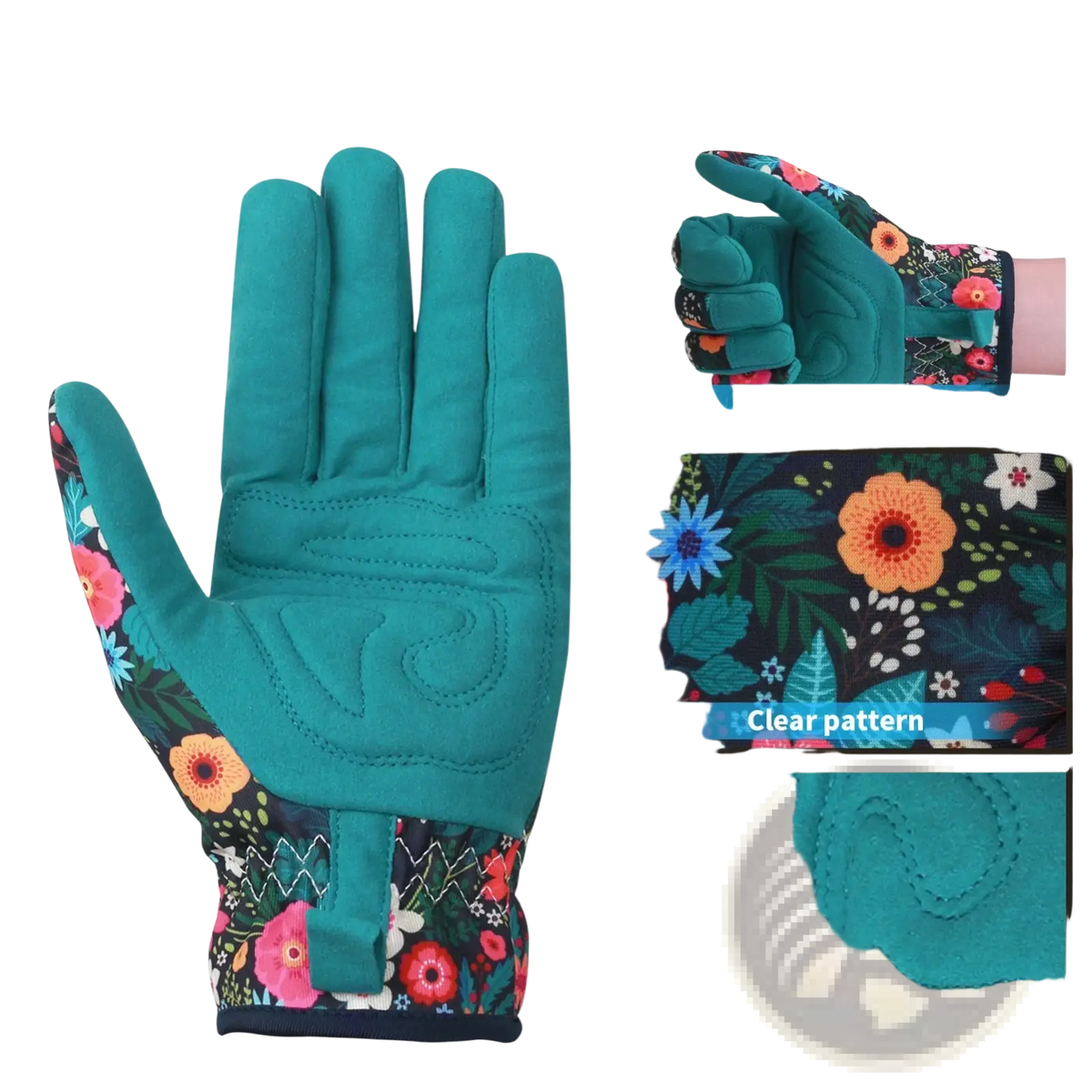 Teal floral thorn-proof women’s gardening glove with flexible bending design shown from the back side