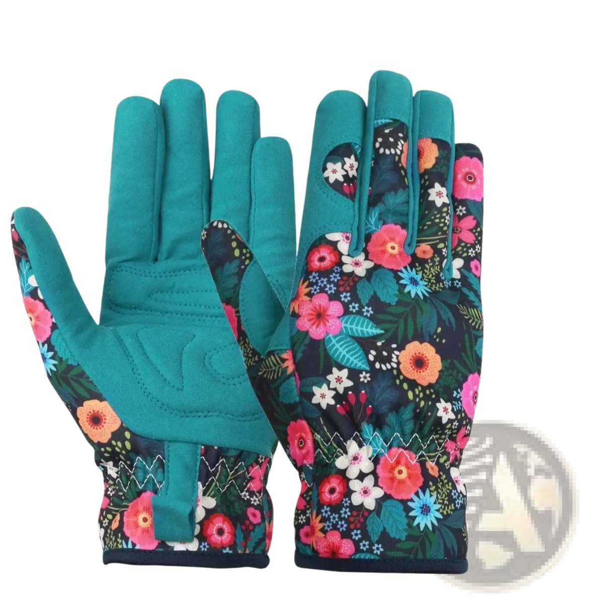 Teal floral thorn-proof women’s gardening gloves showing back side with vibrant pattern and durable fabric construction
