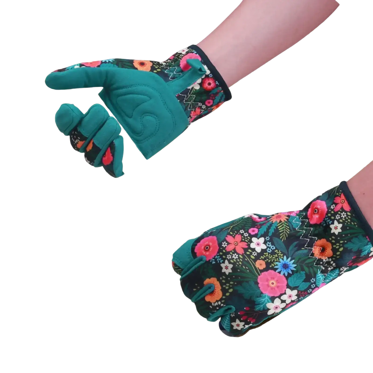 Teal thorn-proof women’s gardening gloves with vibrant pink orange and white floral pattern on dark green background