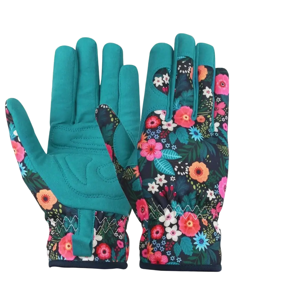 Teal floral thorn-proof women’s gardening gloves showing back side with vibrant pattern and durable fabric construction