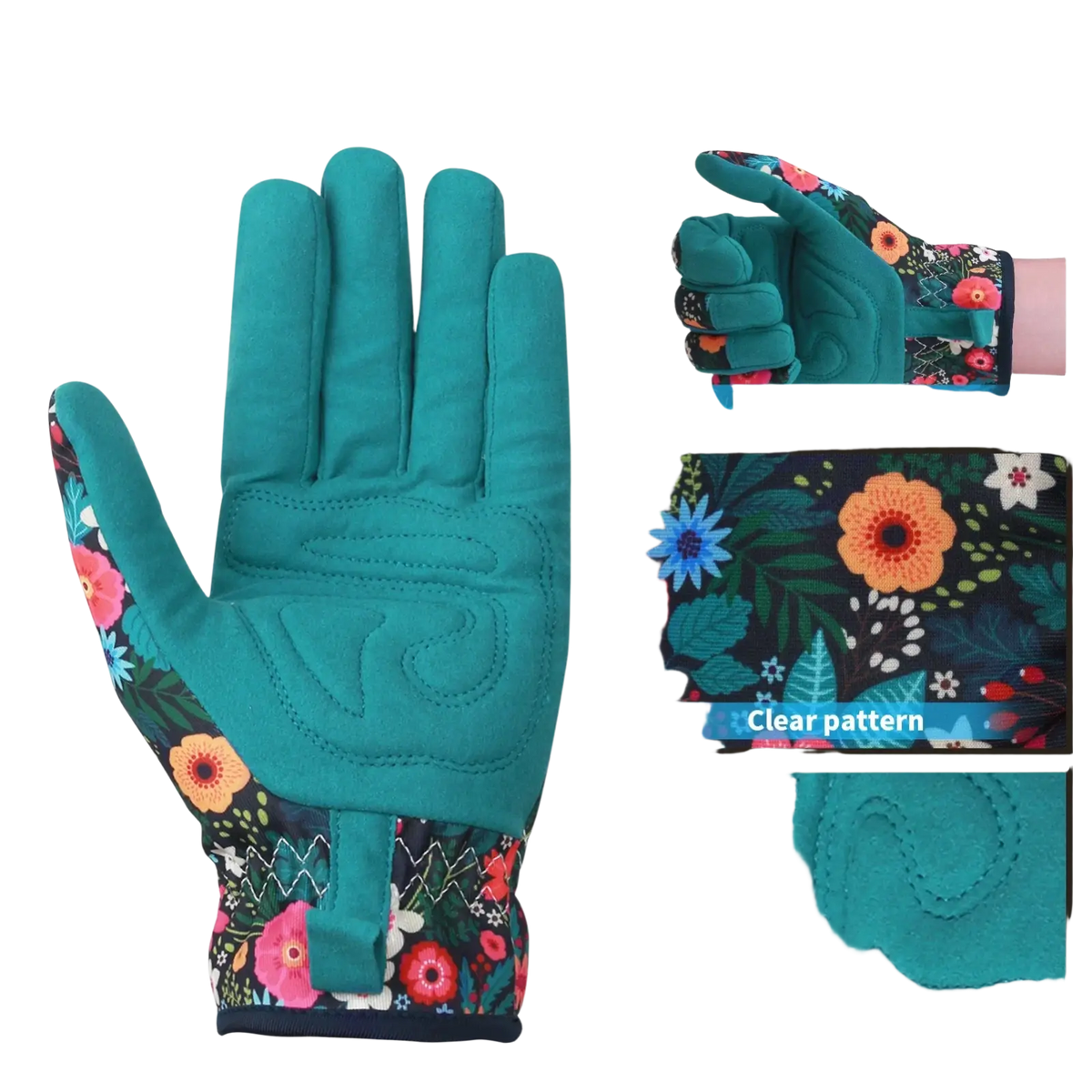 Teal floral thorn-proof women’s gardening glove with flexible bending design shown from the back side
