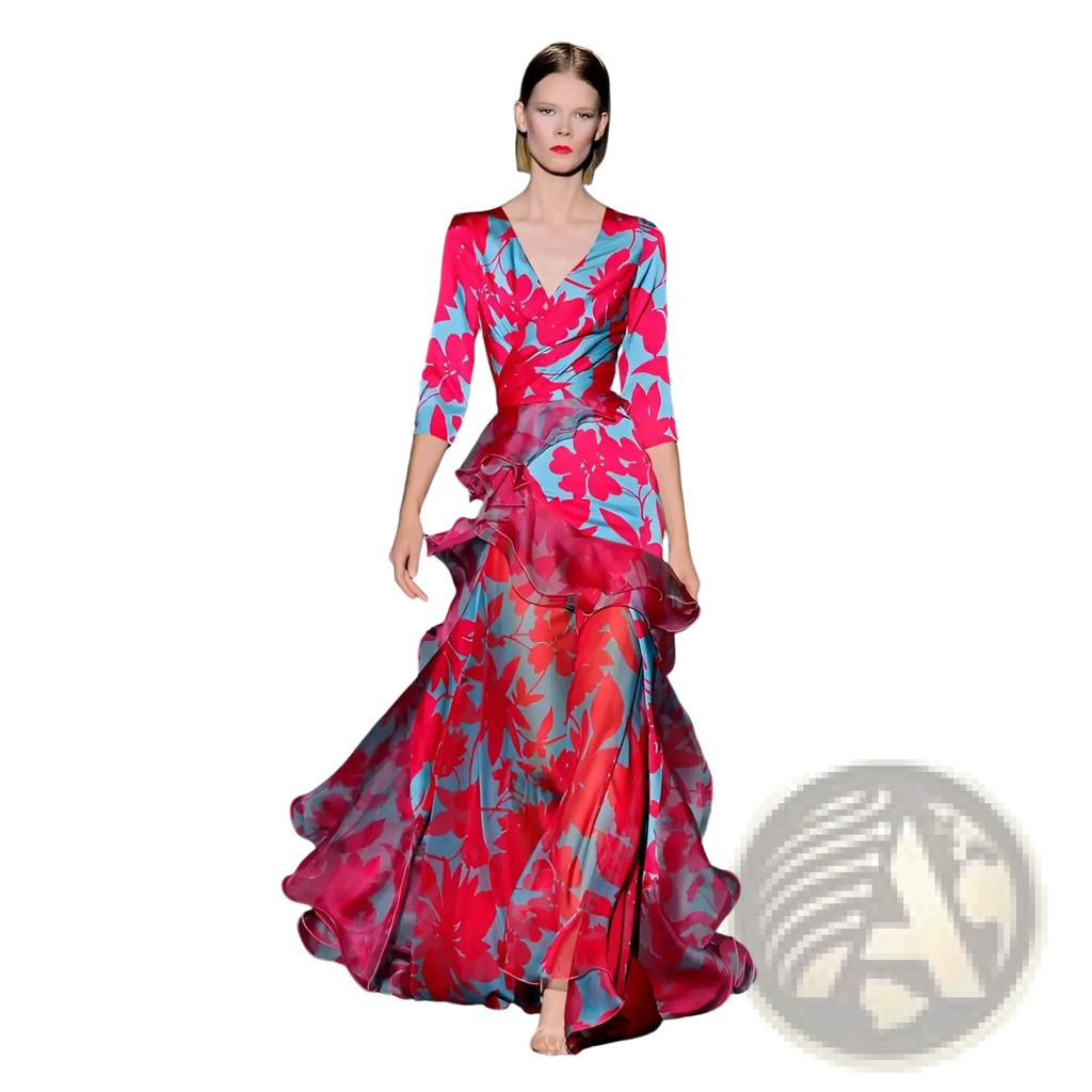 A flowing floral tiered maxi dress with ruffled layers in vibrant pink and blue print floor length