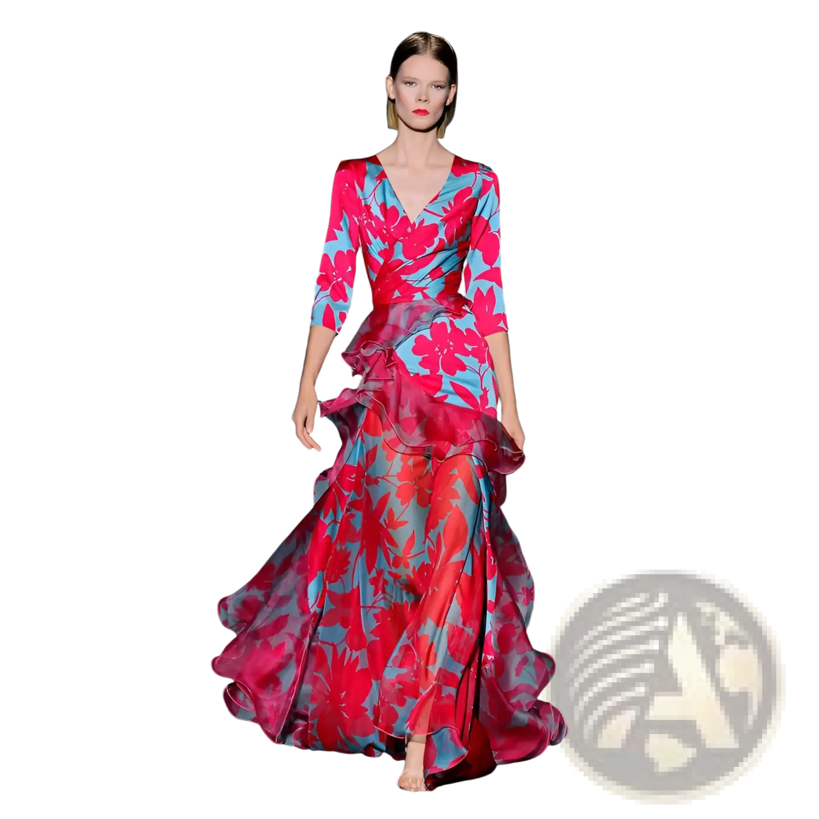 A flowing floral tiered maxi dress with ruffled layers in vibrant pink and blue print floor length