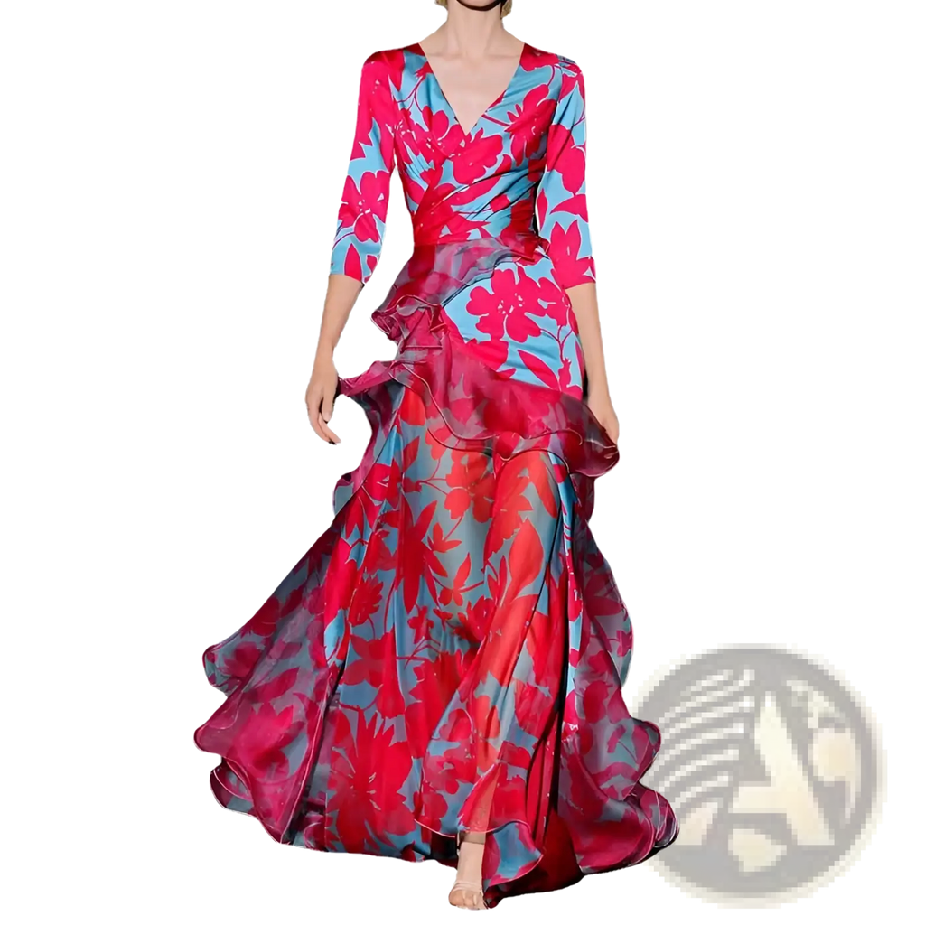 A flowing floral tiered maxi dress in vibrant pink and teal with ruffled layers at the waist