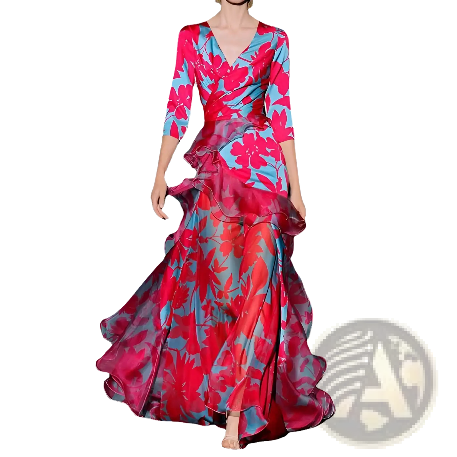 A flowing floral tiered maxi dress in vibrant pink and teal with ruffled layers at the waist