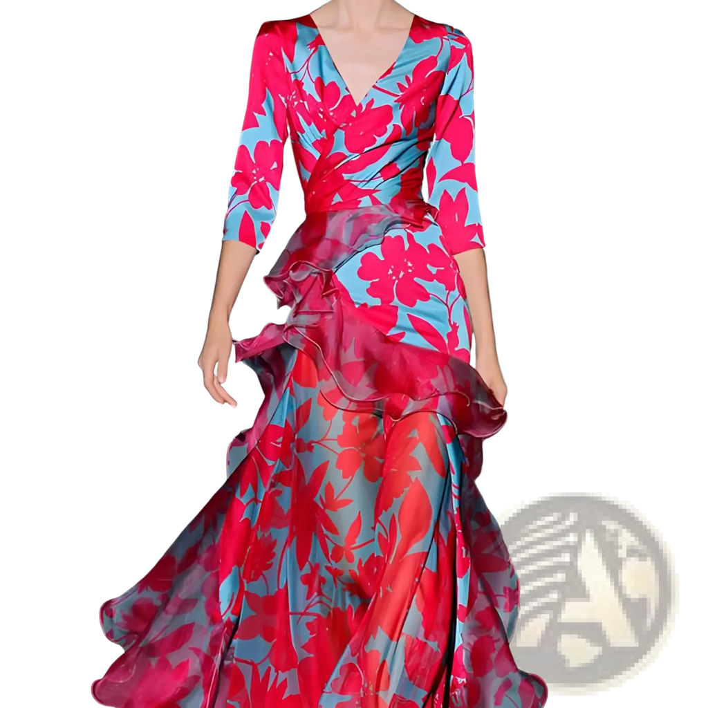 A flowing floral tiered maxi dress in vibrant pink and light blue with ruffled layers and three-quarter sleeves