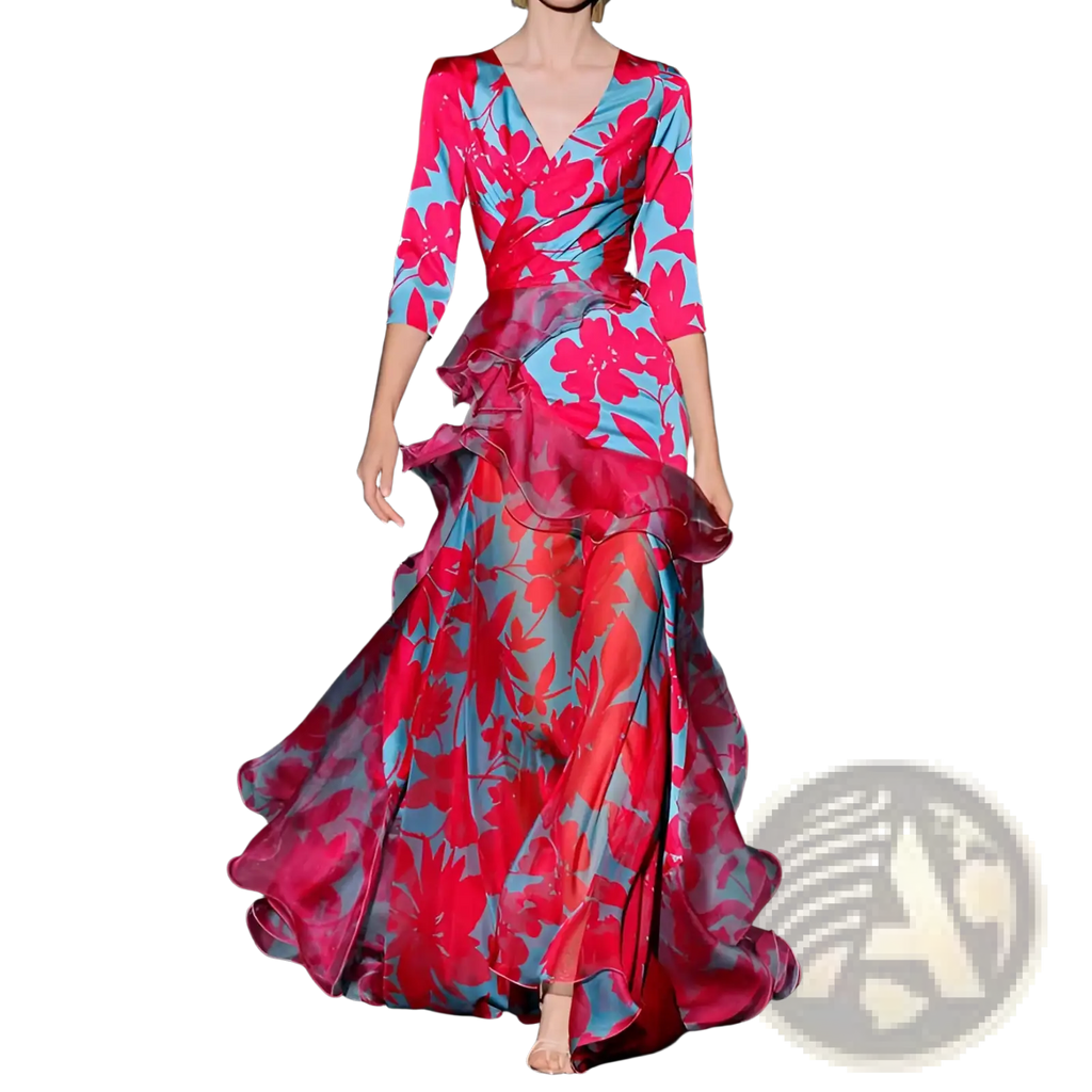 A flowing floral tiered maxi dress with ruffled layers in vibrant pink and blue print for elegant occasions