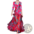 A flowing floral tiered maxi dress with ruffled layers in vibrant pink and blue print for elegant occasions