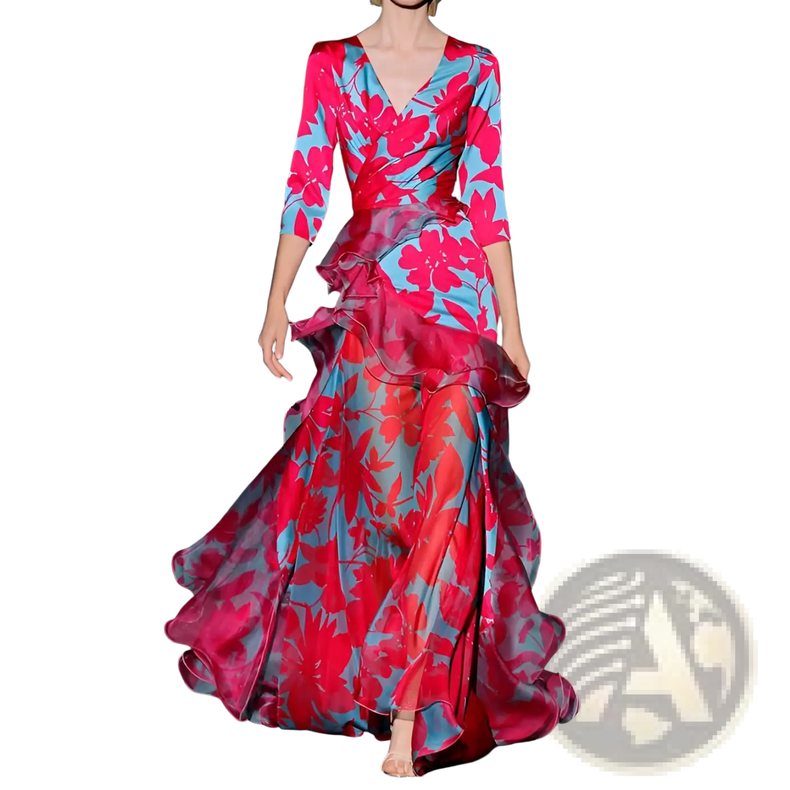A flowing floral tiered maxi dress with ruffled layers in vibrant pink and blue print for elegant occasions