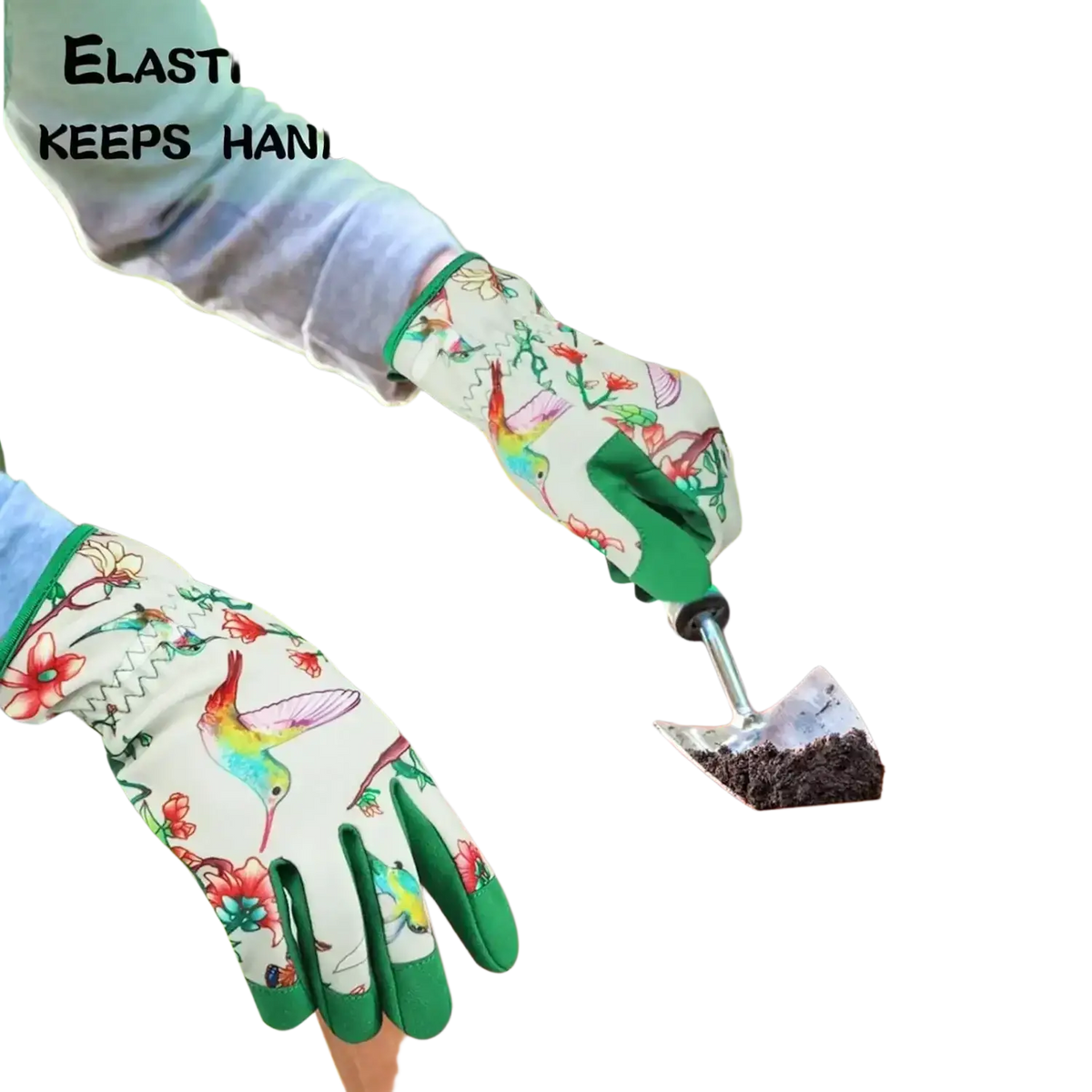 Beige floral touchscreen gardening gloves for women with colorful hummingbird pattern and green reinforced fingertips and cuffs