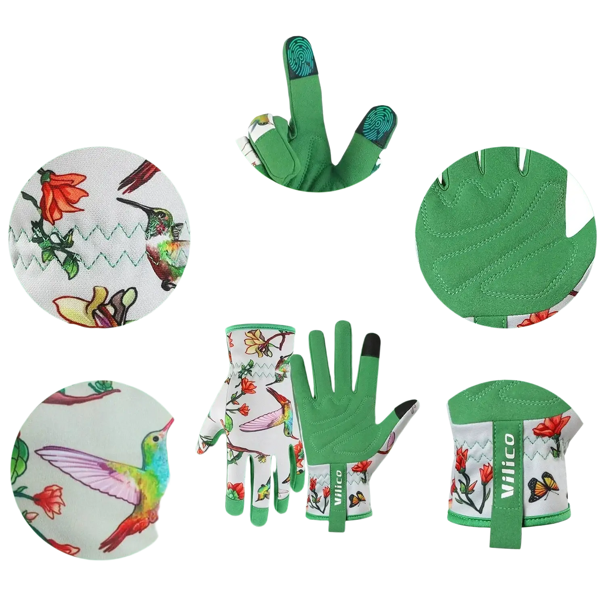 Floral touchscreen gardening gloves for women in green and white with hummingbird pattern and reinforced palm for durability