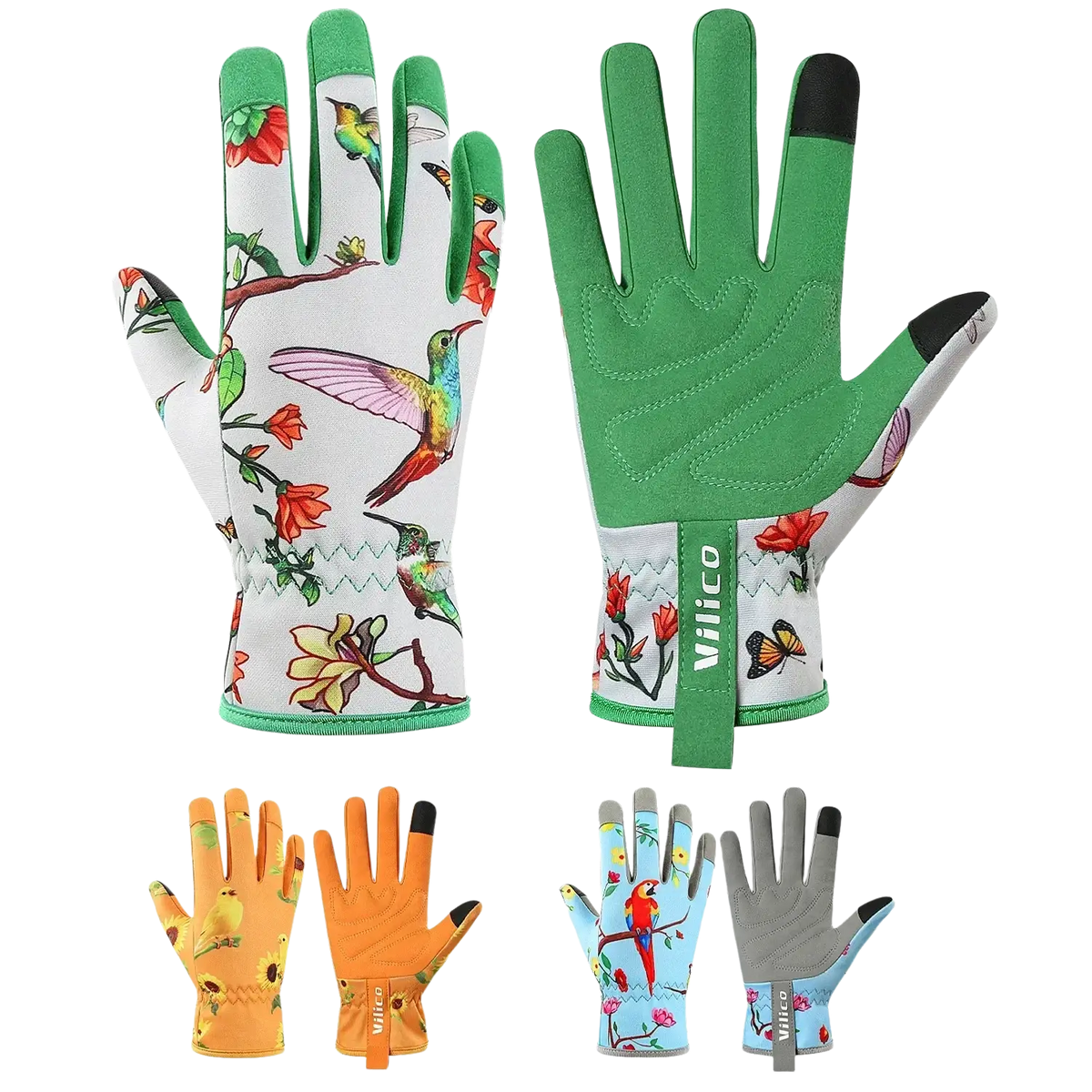 Floral touchscreen gardening gloves for women in green and white with vibrant hummingbird pattern and touchscreen fingertips