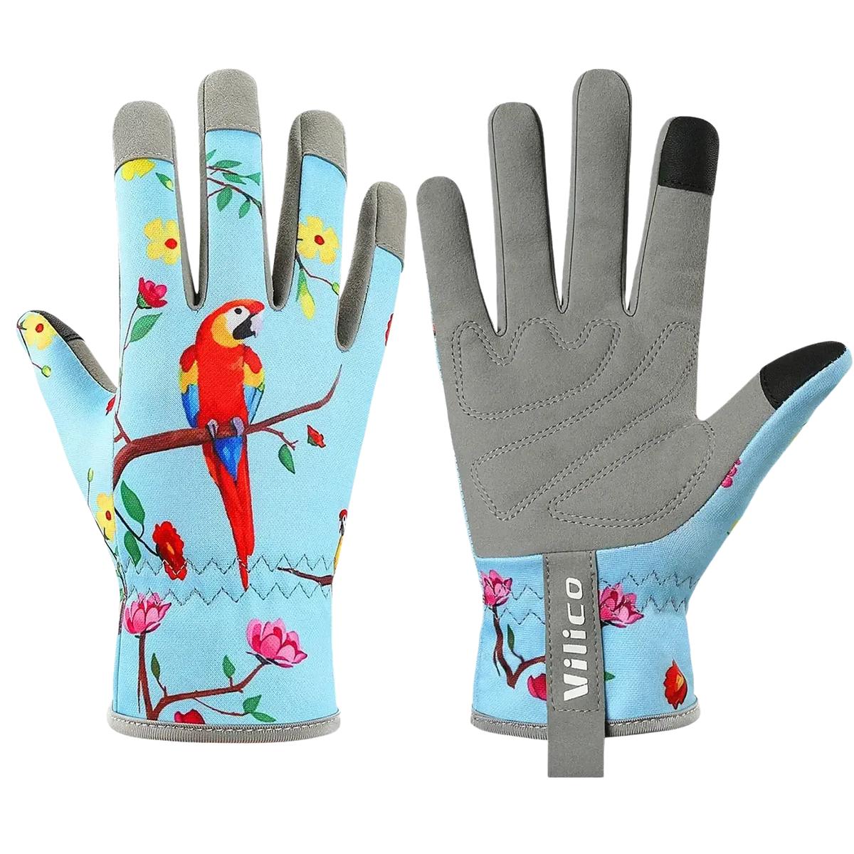 Light blue floral touchscreen gardening gloves with vibrant parrot design, gray palms, and black fingertips for women