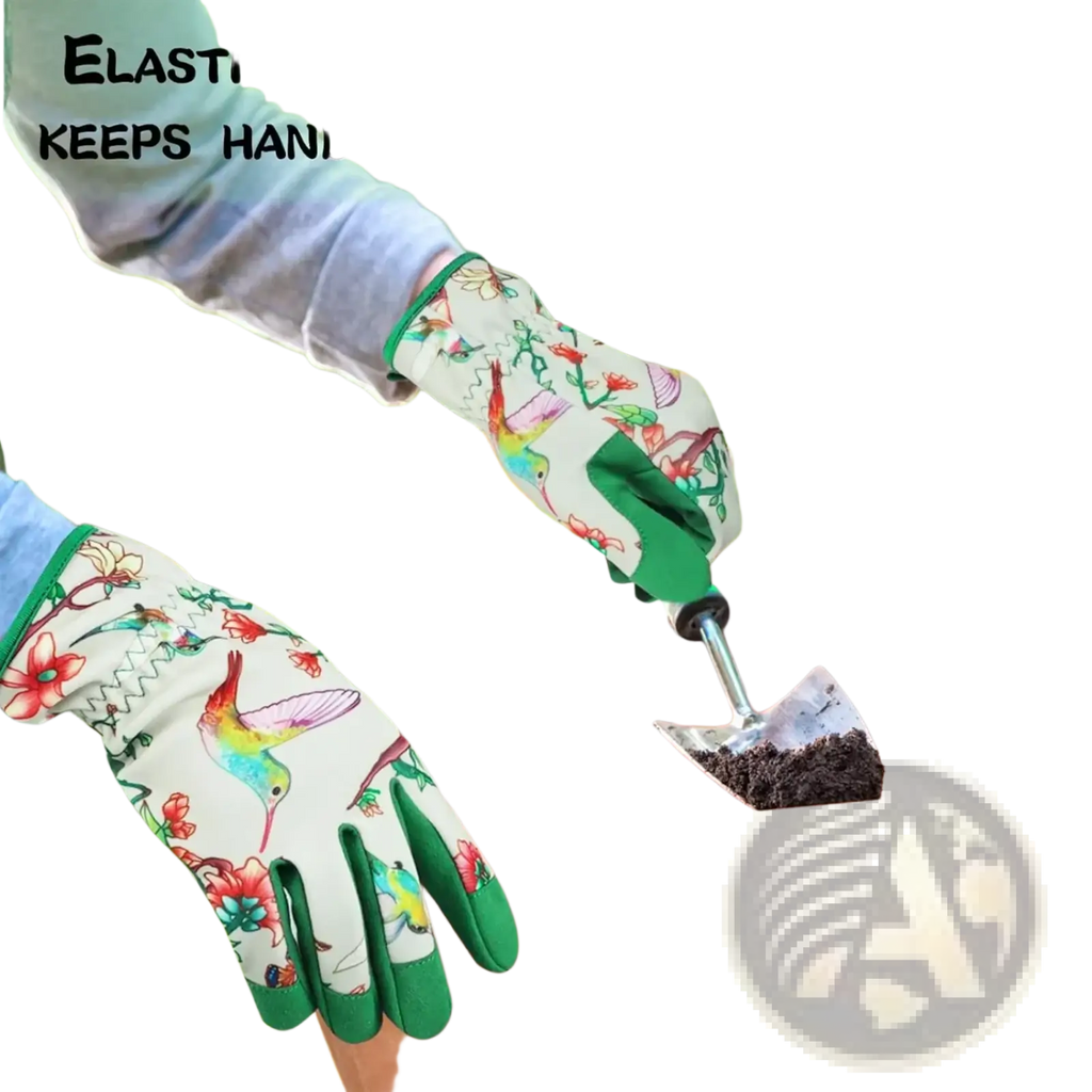 Beige floral touchscreen gardening gloves for women with colorful hummingbird patterns and green reinforced fingertips