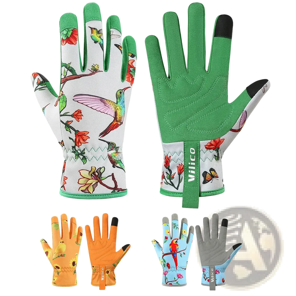 Floral touchscreen gardening gloves for women in green and white with vibrant hummingbird pattern and touchscreen fingertips