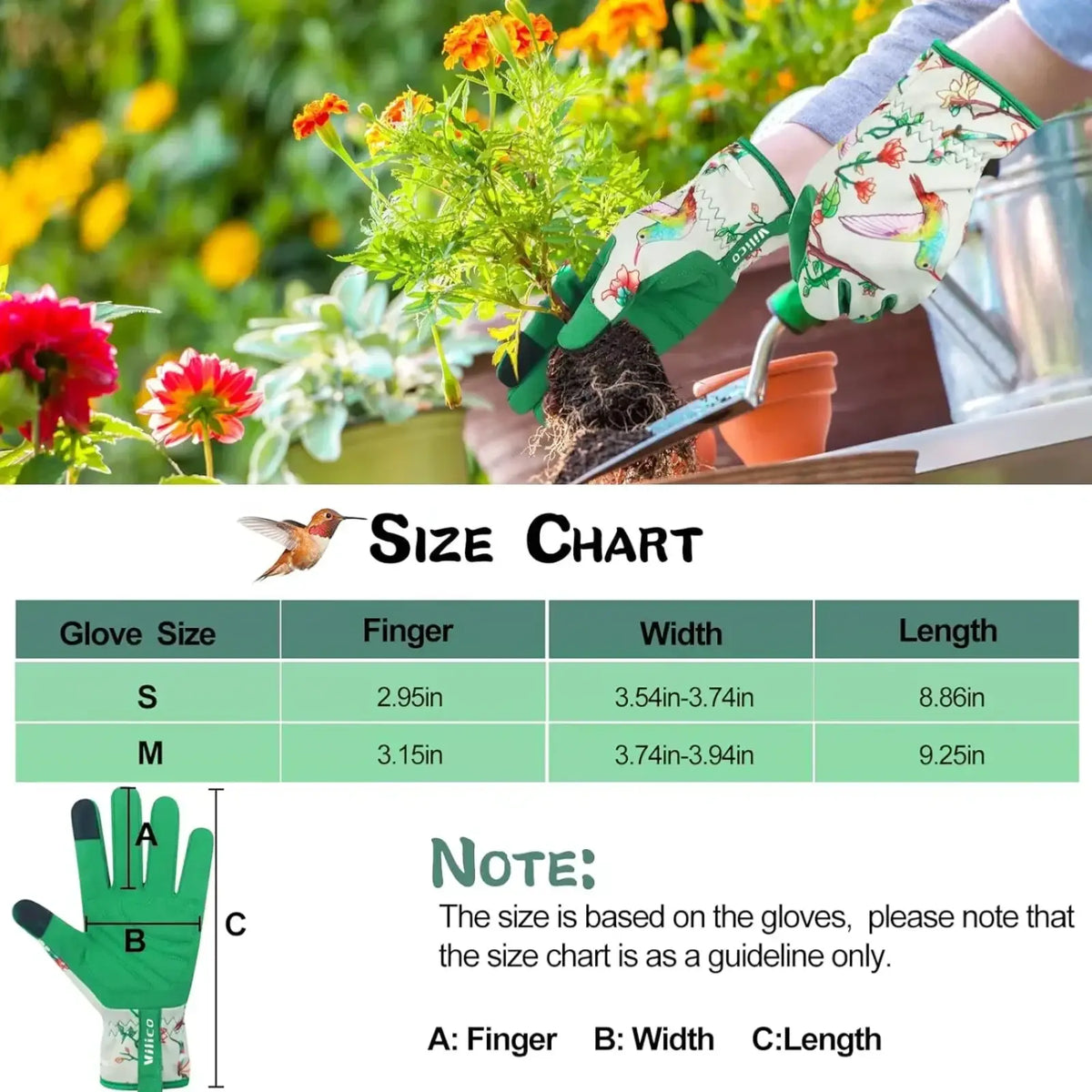 Floral touchscreen gardening gloves for women in green and white with hummingbird pattern and reinforced fingertips visible on back side