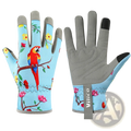 Light blue floral touchscreen gardening gloves for women with vibrant parrot design gray palms and black fingertips