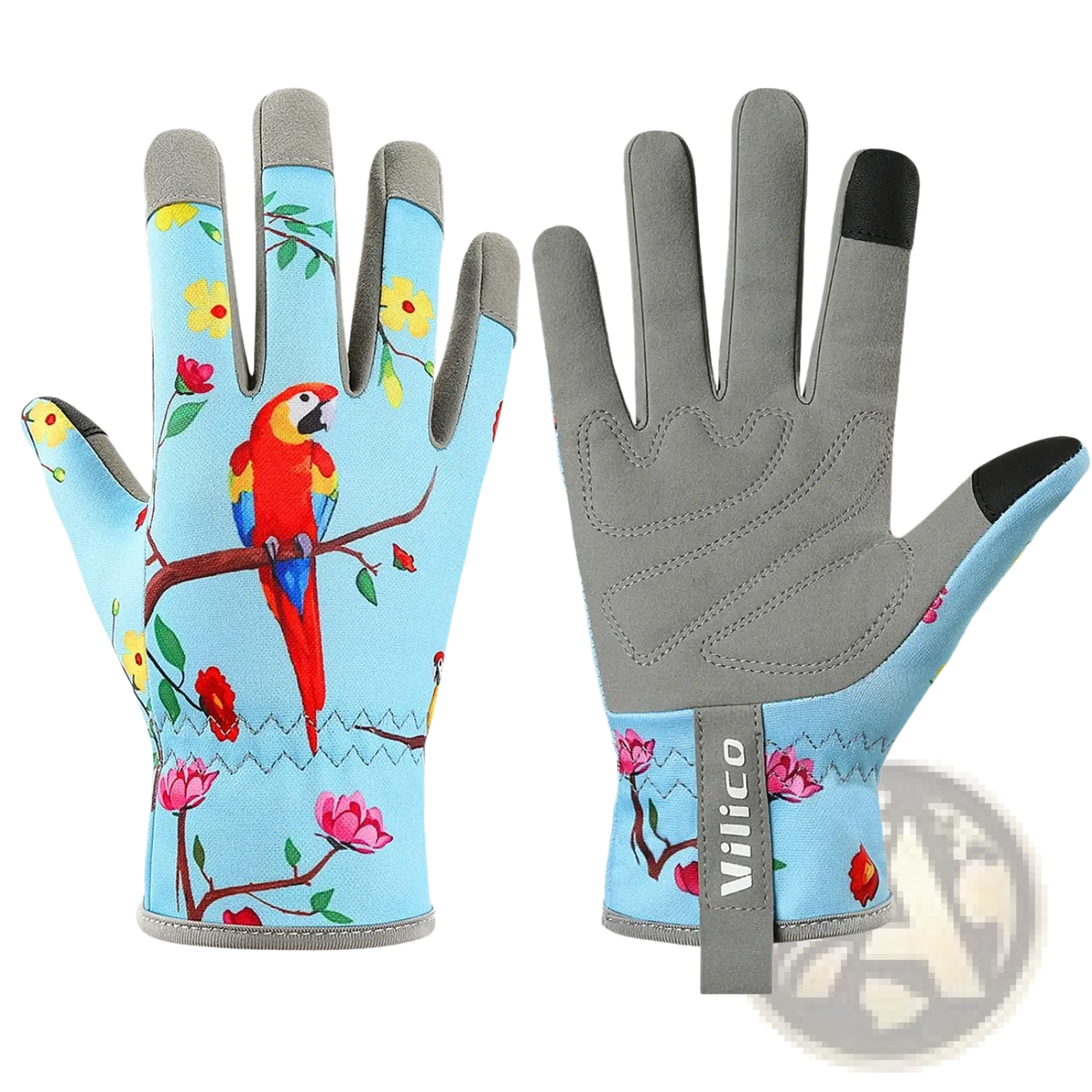 Light blue floral touchscreen gardening gloves for women with vibrant parrot design gray palms and black fingertips