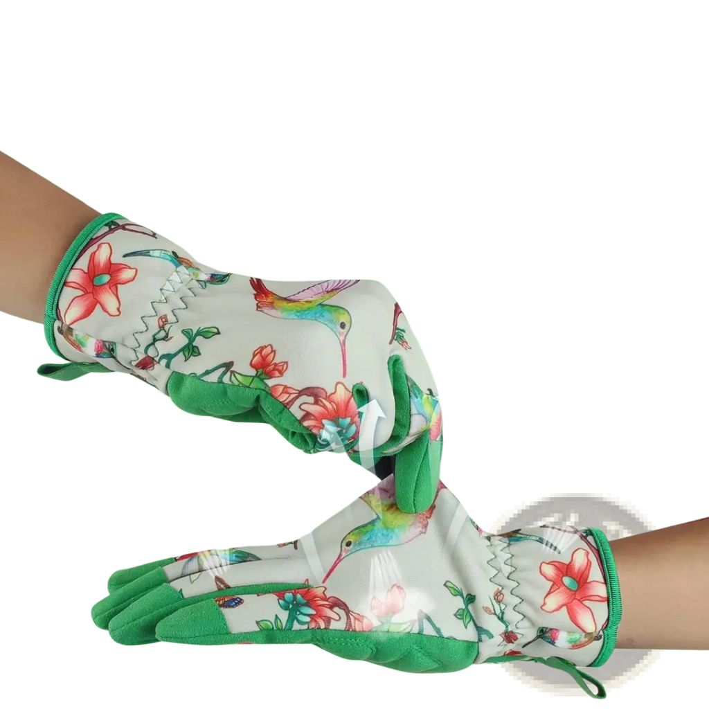 White floral touchscreen gardening gloves for women with vibrant hummingbird patterns and green reinforced palms and cuffs