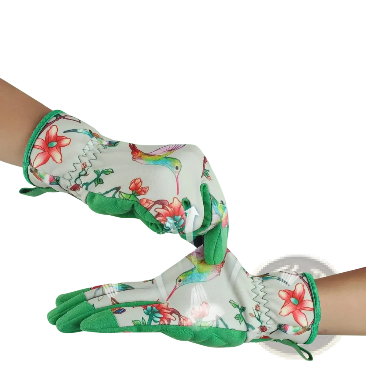 White floral touchscreen gardening gloves for women with vibrant hummingbird patterns and green reinforced palms and cuffs