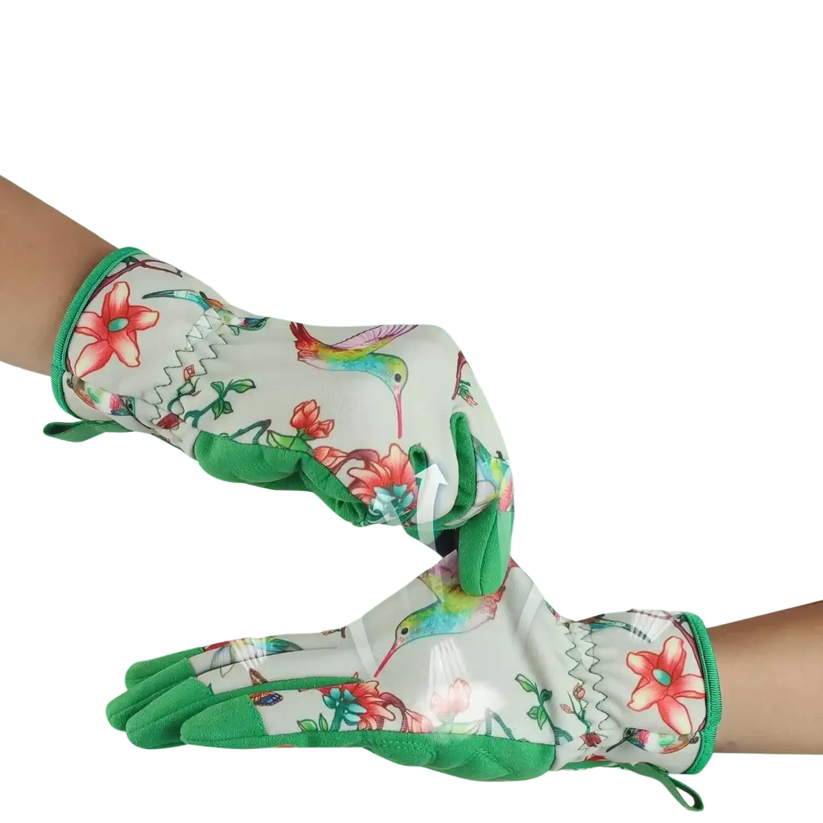White floral touchscreen gardening gloves for women with vibrant hummingbird pattern and green reinforced fingertips and cuffs